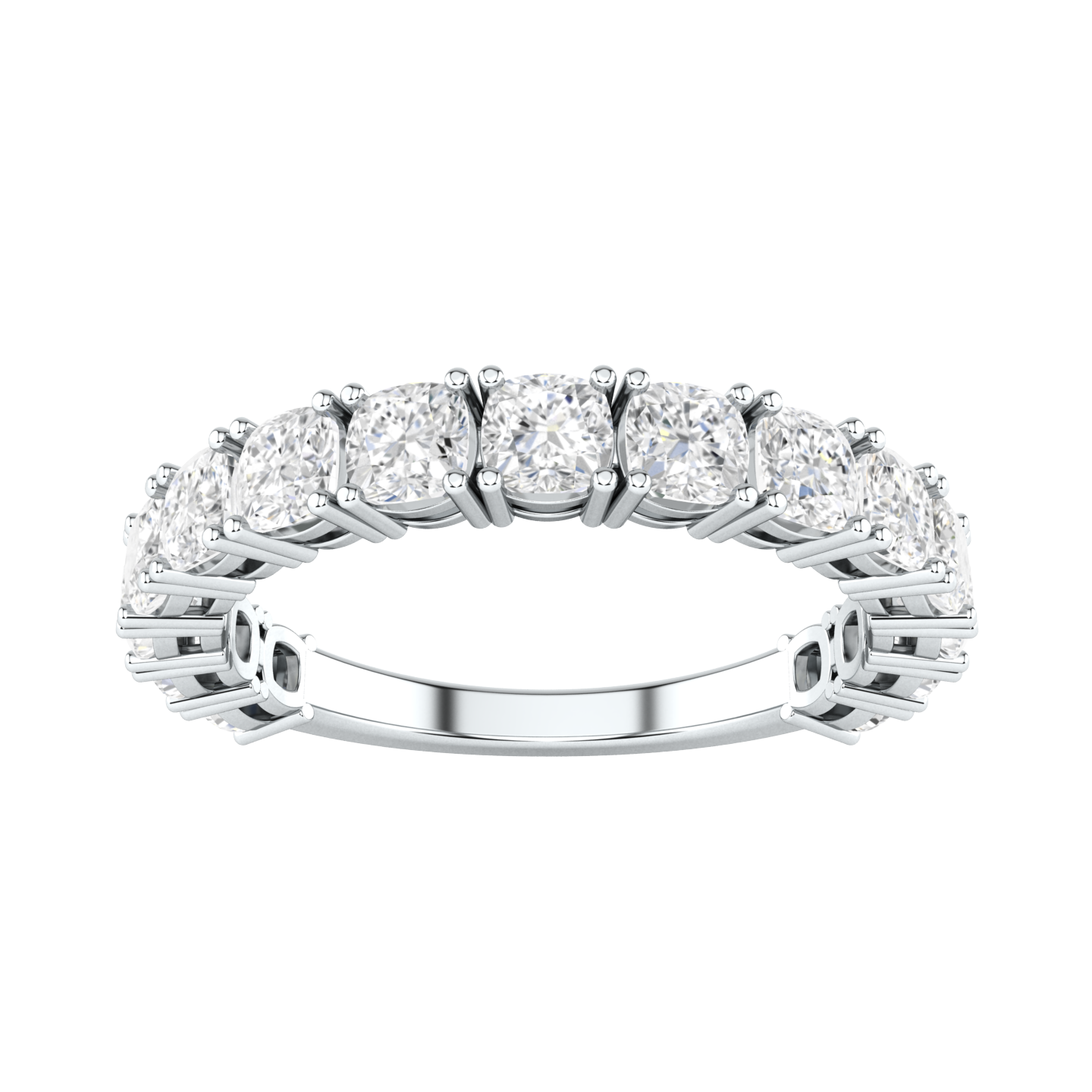 Front view of a platinum white gold half set eternity ring with cushion cut lab grown diamonds