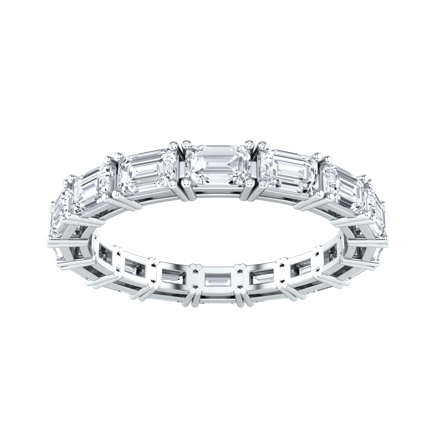 Front view of a platinum white gold full set eternity ring with emerald cut lab grown diamonds set horizontally