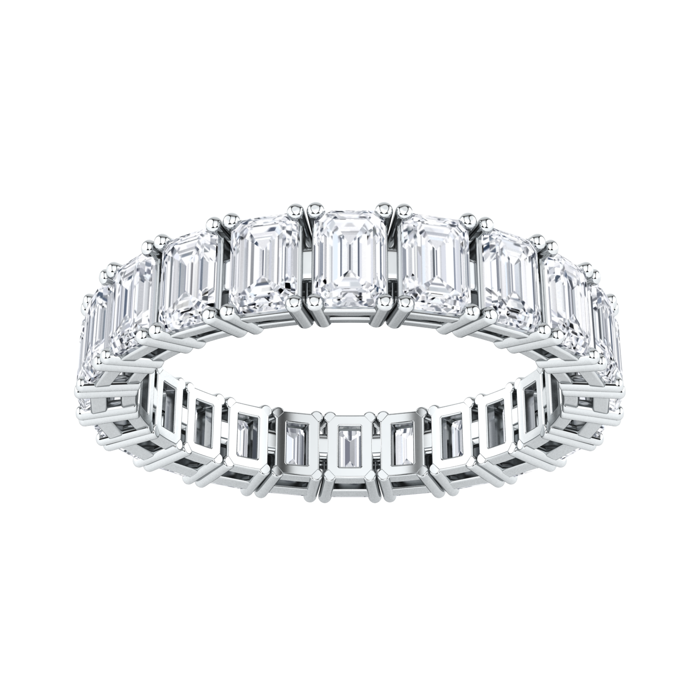 Front view of a platinum white gold full set eternity ring with emerald cut lab grown diamonds set vertically