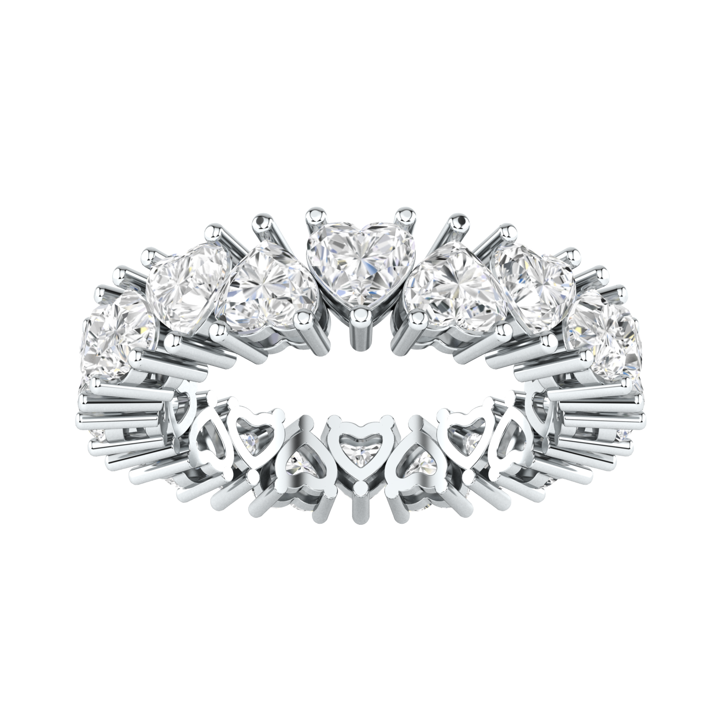 Front view of a platinum white gold full set eternity ring with hear cut lab grown diamonds
