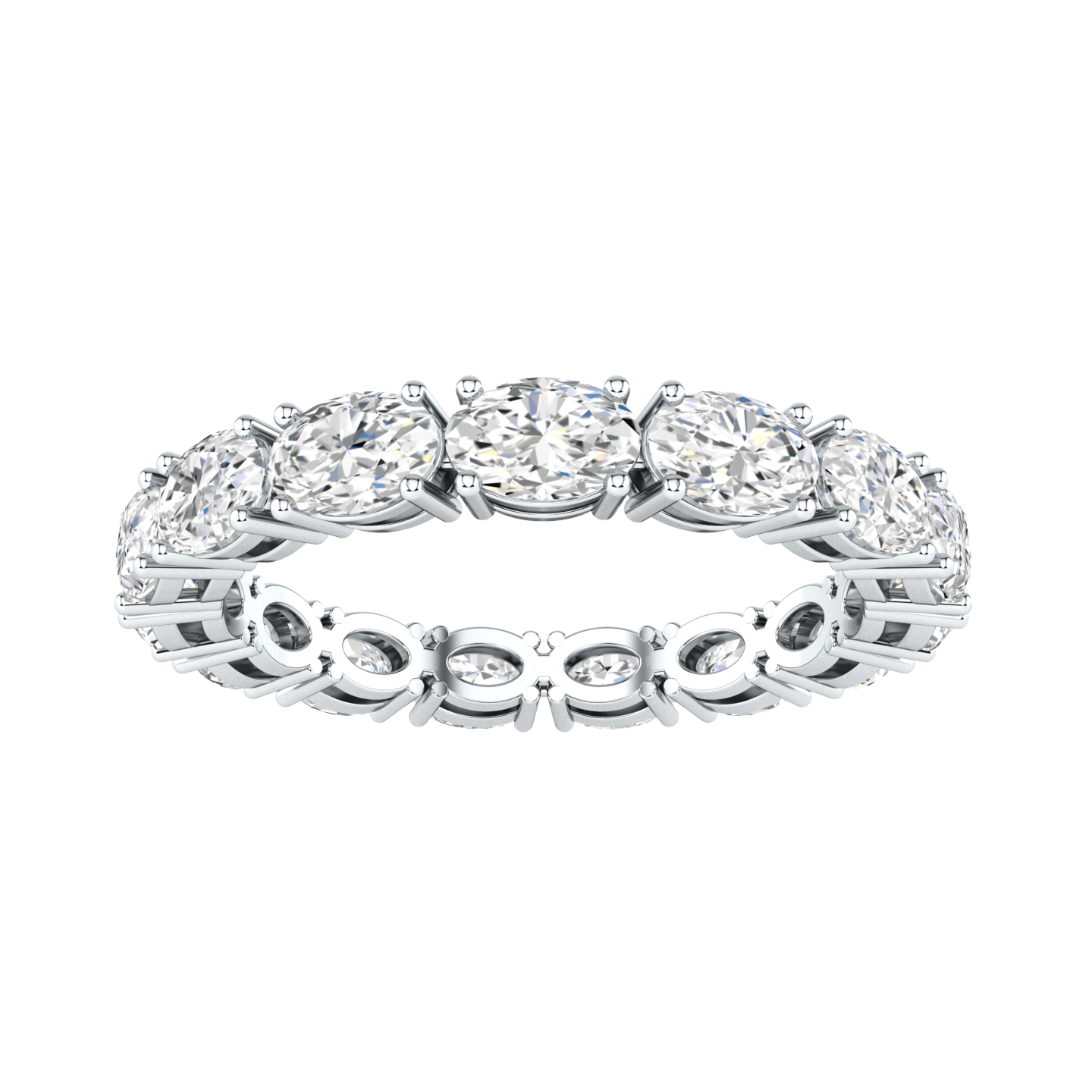 Front view of a platinum white gold full set eternity ring with oval cut lab grown diamonds set horizontally