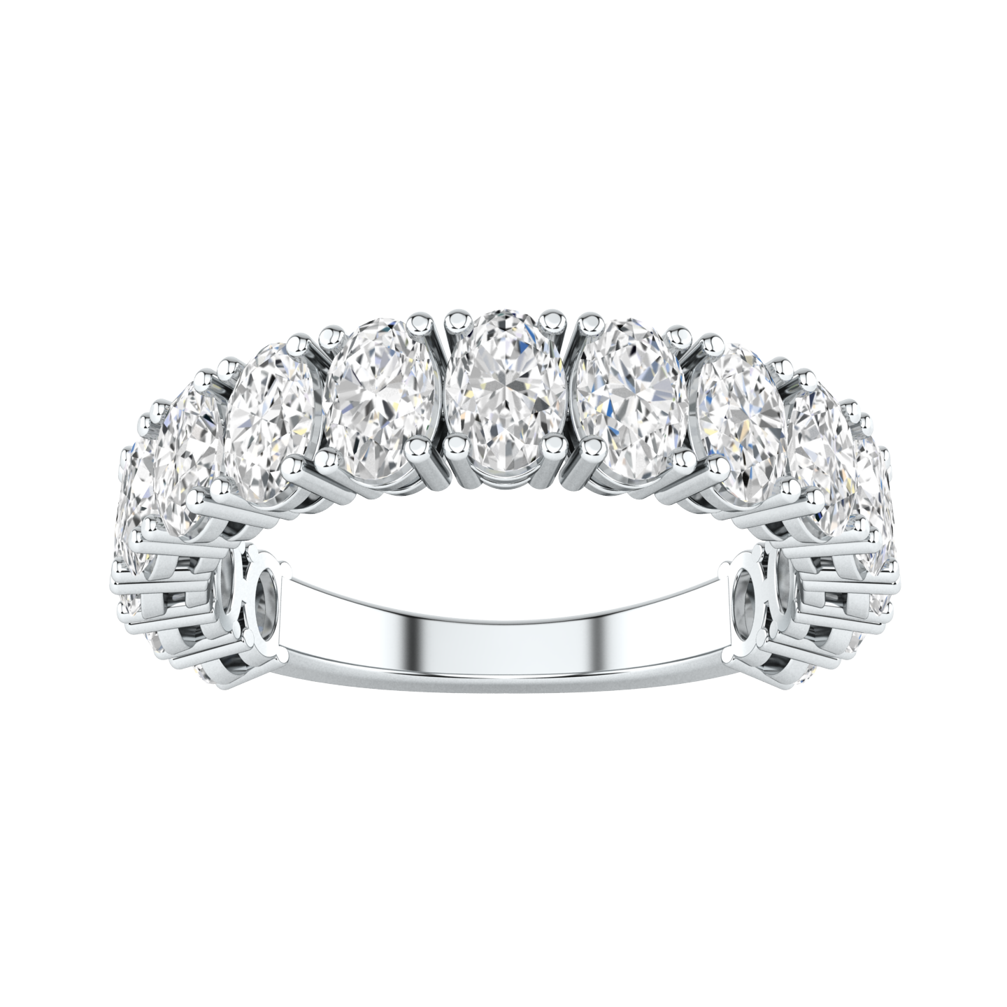 Front view of a white gold platinum half set engagement ring with oval cut lab grown diamonds set vertically