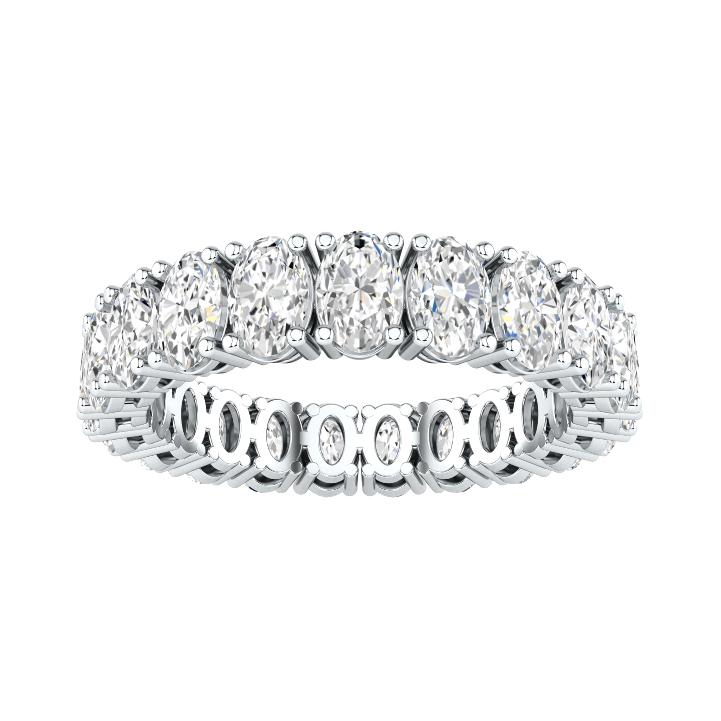 Front view of a platinum white gold full set eternity ring with oval cut lab grown diamonds set vertically