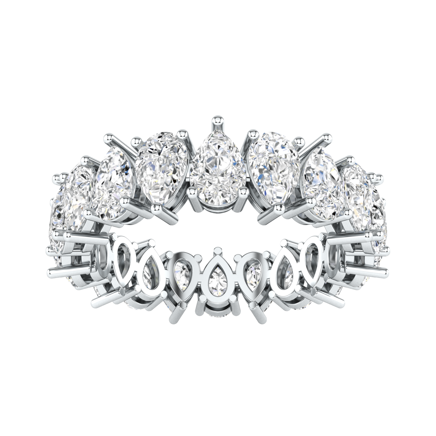 Front view of a platinum white gold full set eternity ring with pear cut lab grown diamonds