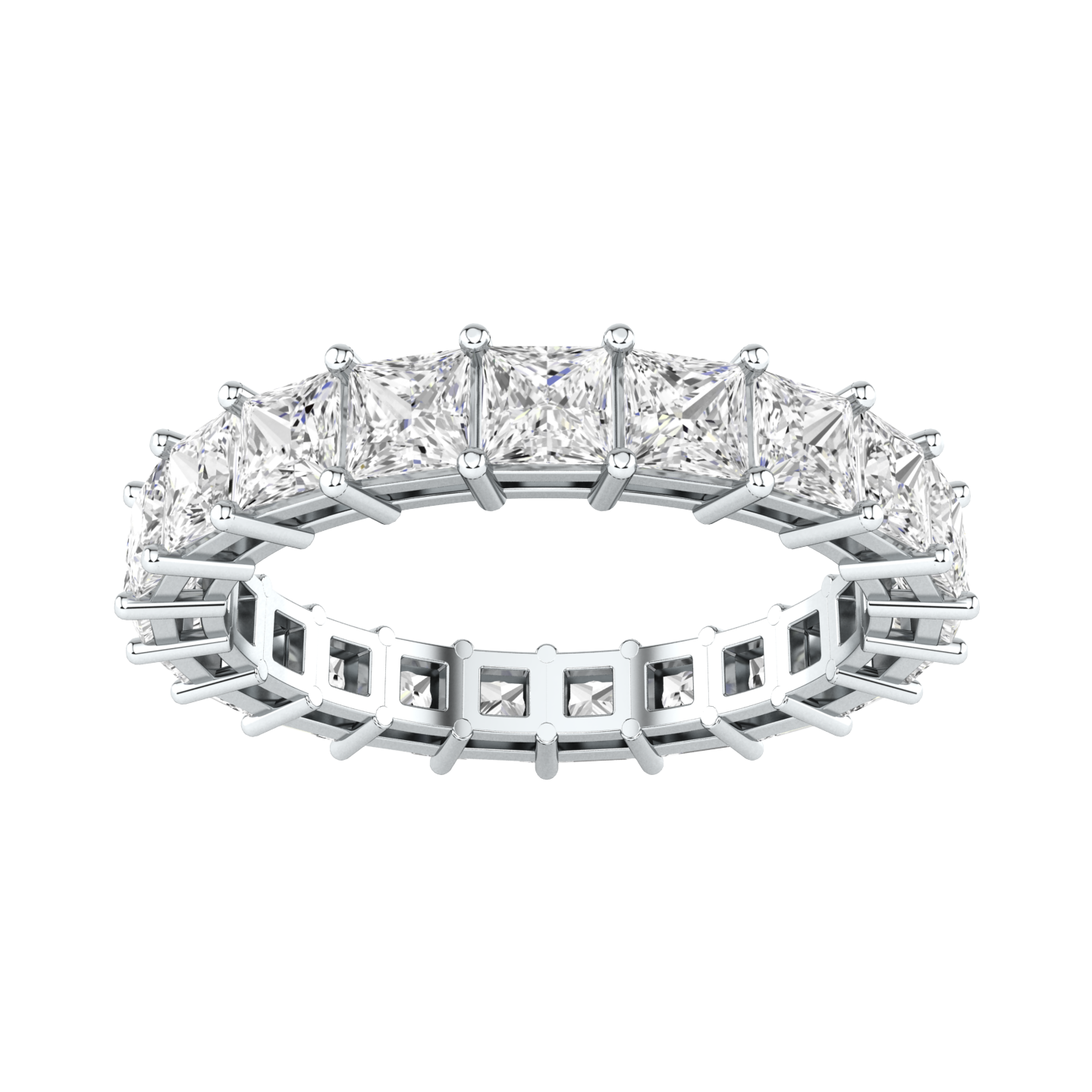 Front view of a platinum white gold full set eternity ring with princess cut lab grown diamonds