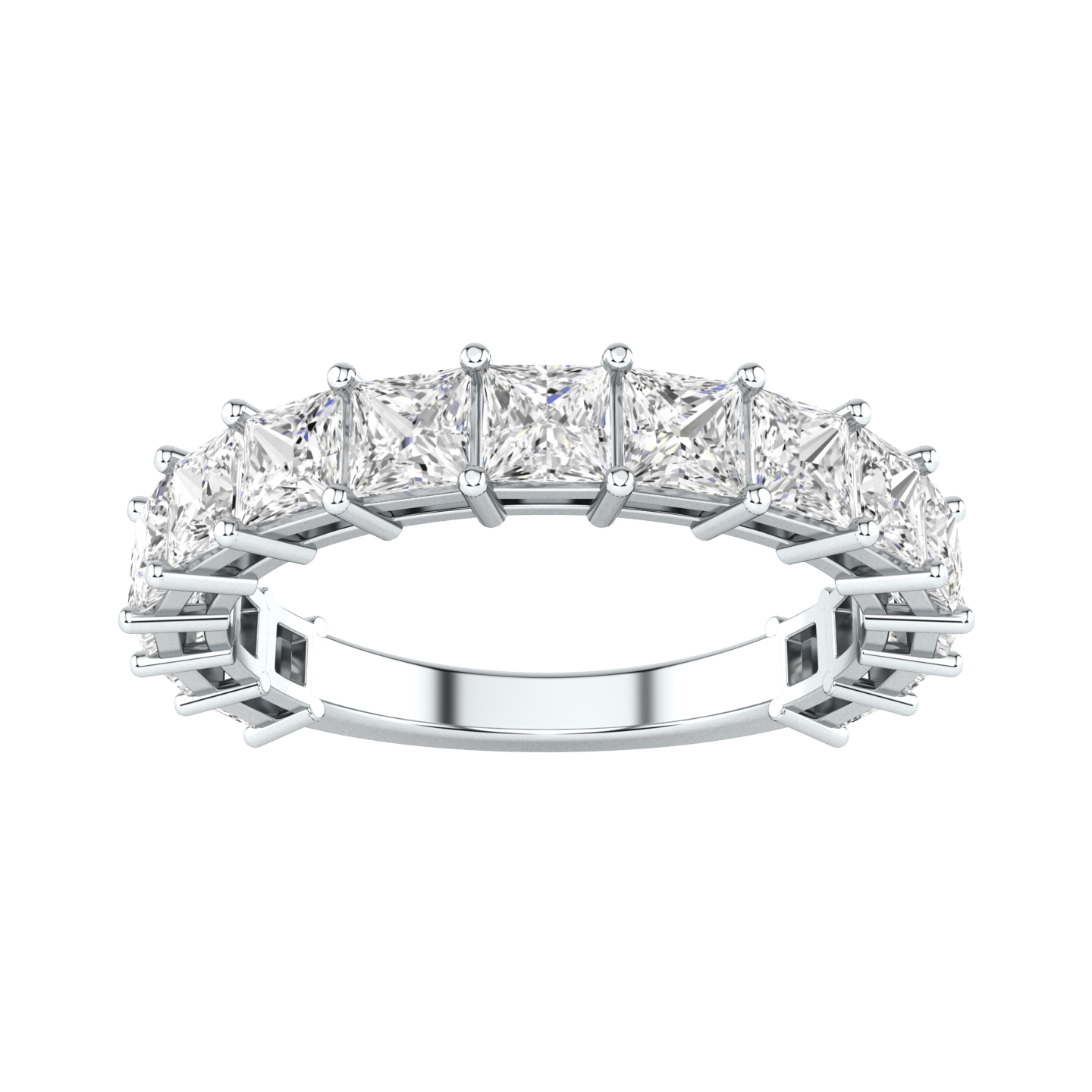 Front view of a platinum white gold half set eternity ring with princess cut lab grown diamonds