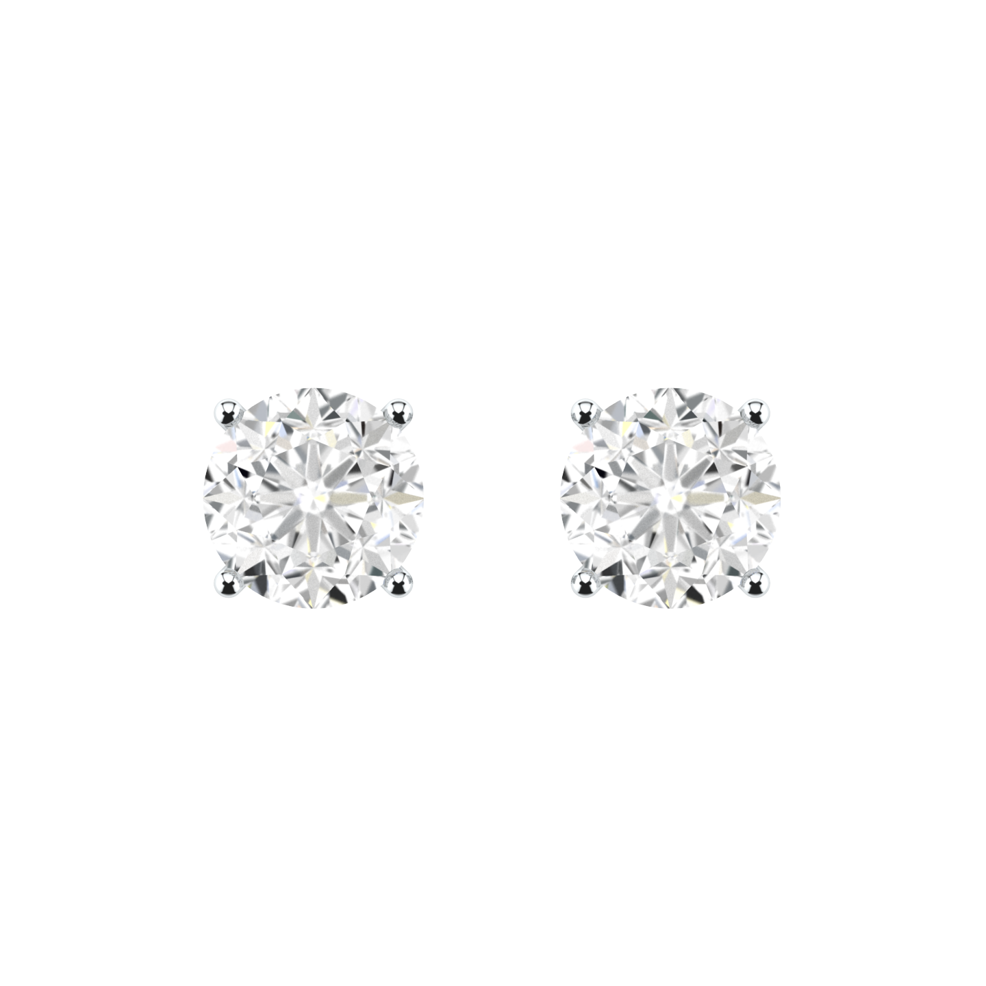 Front profile of a pair of platinum white gold solitaire stud earrings with round brilliant diamonds in a 4 claw prong basket setting