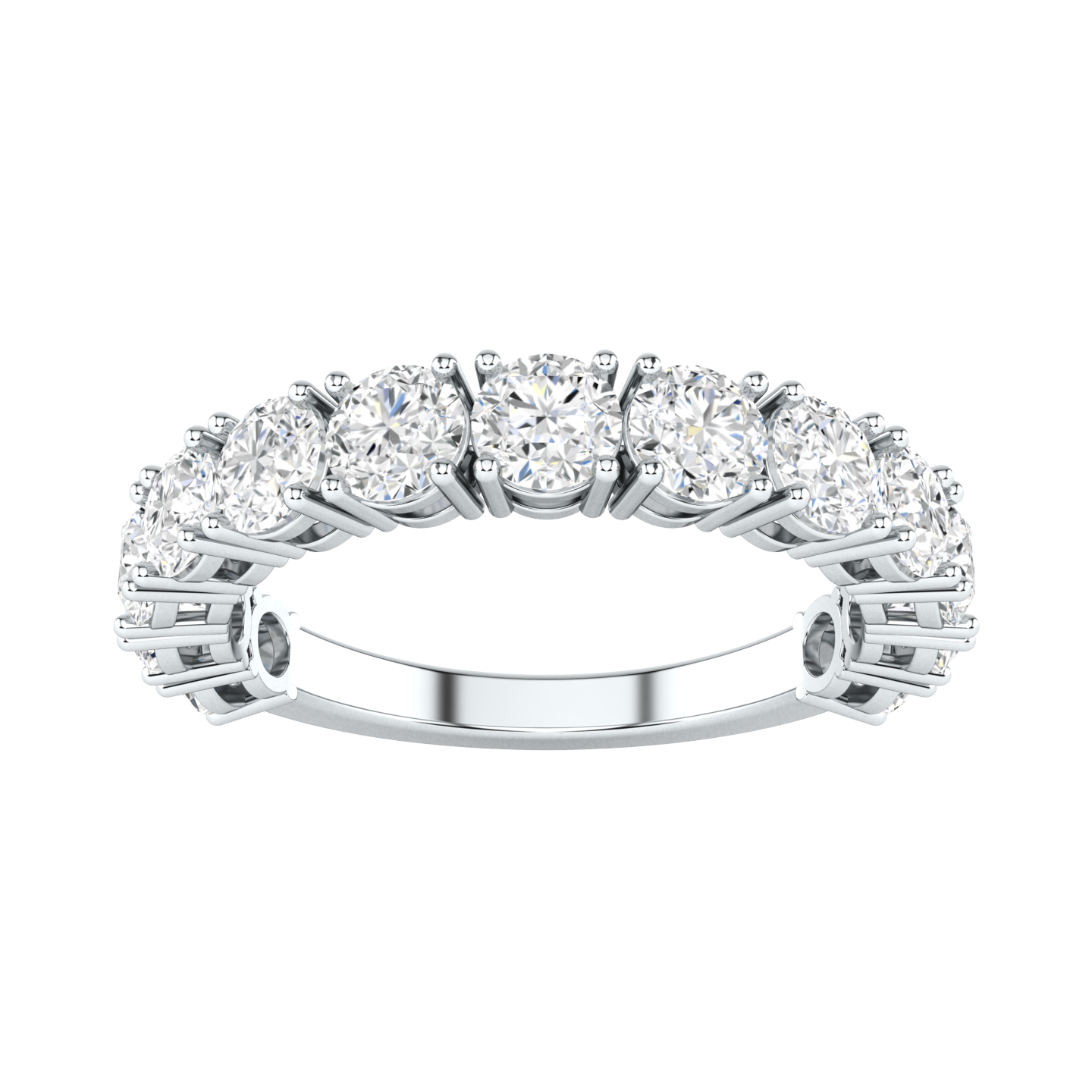 Front view of a platinum white gold half set eternity ring with round brilliant cut lab grown diamonds