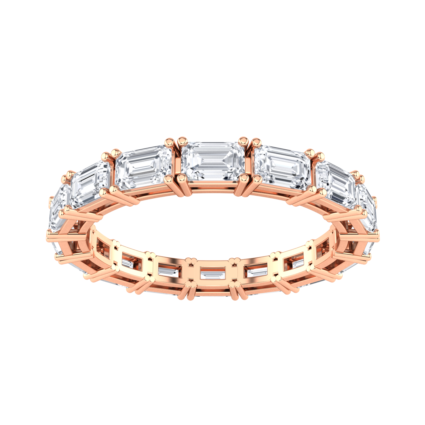 Front view of a rose gold full set eternity ring with emerald cut lab grown diamonds set horizontally