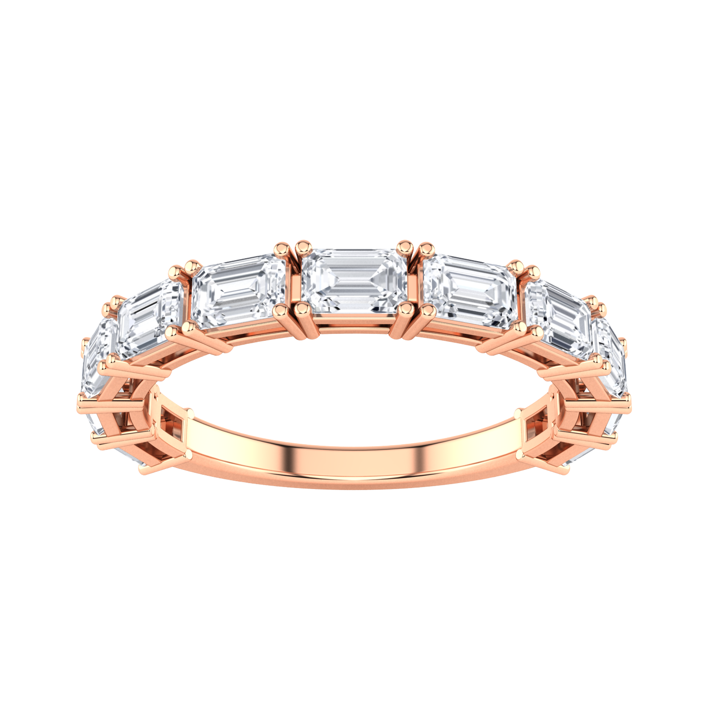 Front view of a rose gold half set eternity ring with emerald cut lab grown diamonds set horizontally