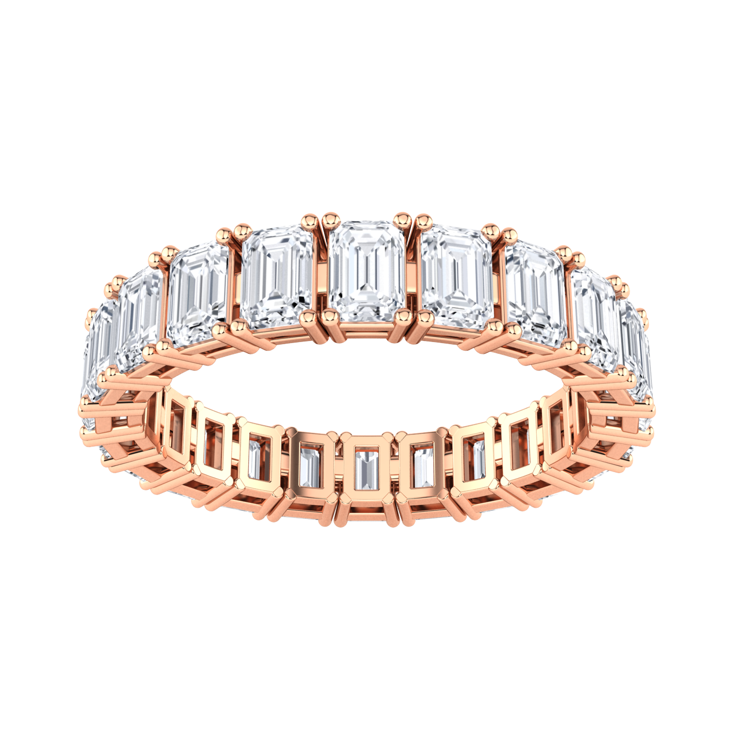 Front view of a rose gold full set eternity ring with emerald cut lab grown diamonds set vertically