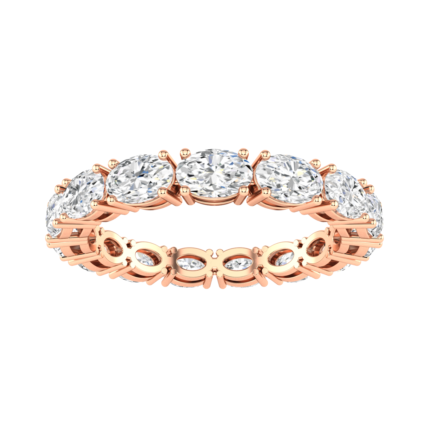 Front view of a rose gold full set eternity ring with oval cut lab grown diamonds set horizontally