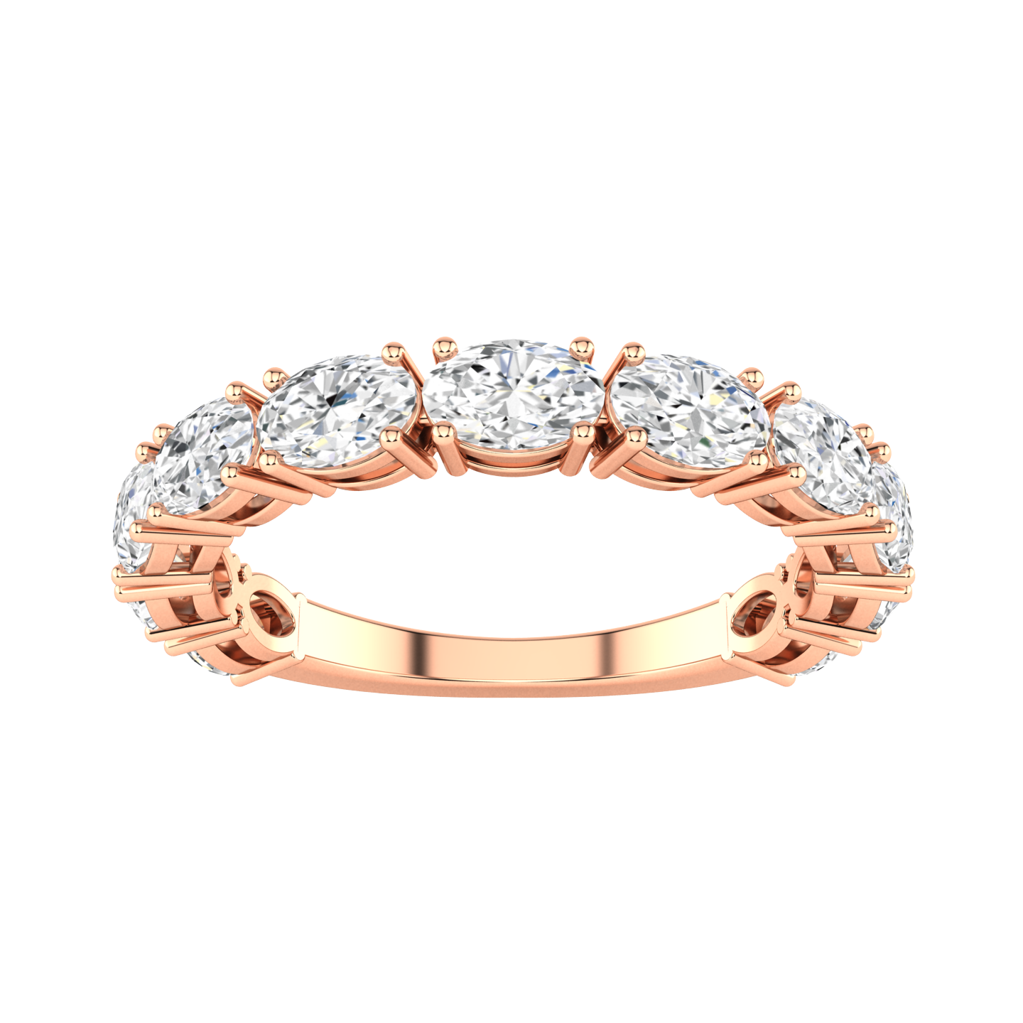 Front view of a rose gold half set eternity ring with oval cut lab grown diamonds set horizontally