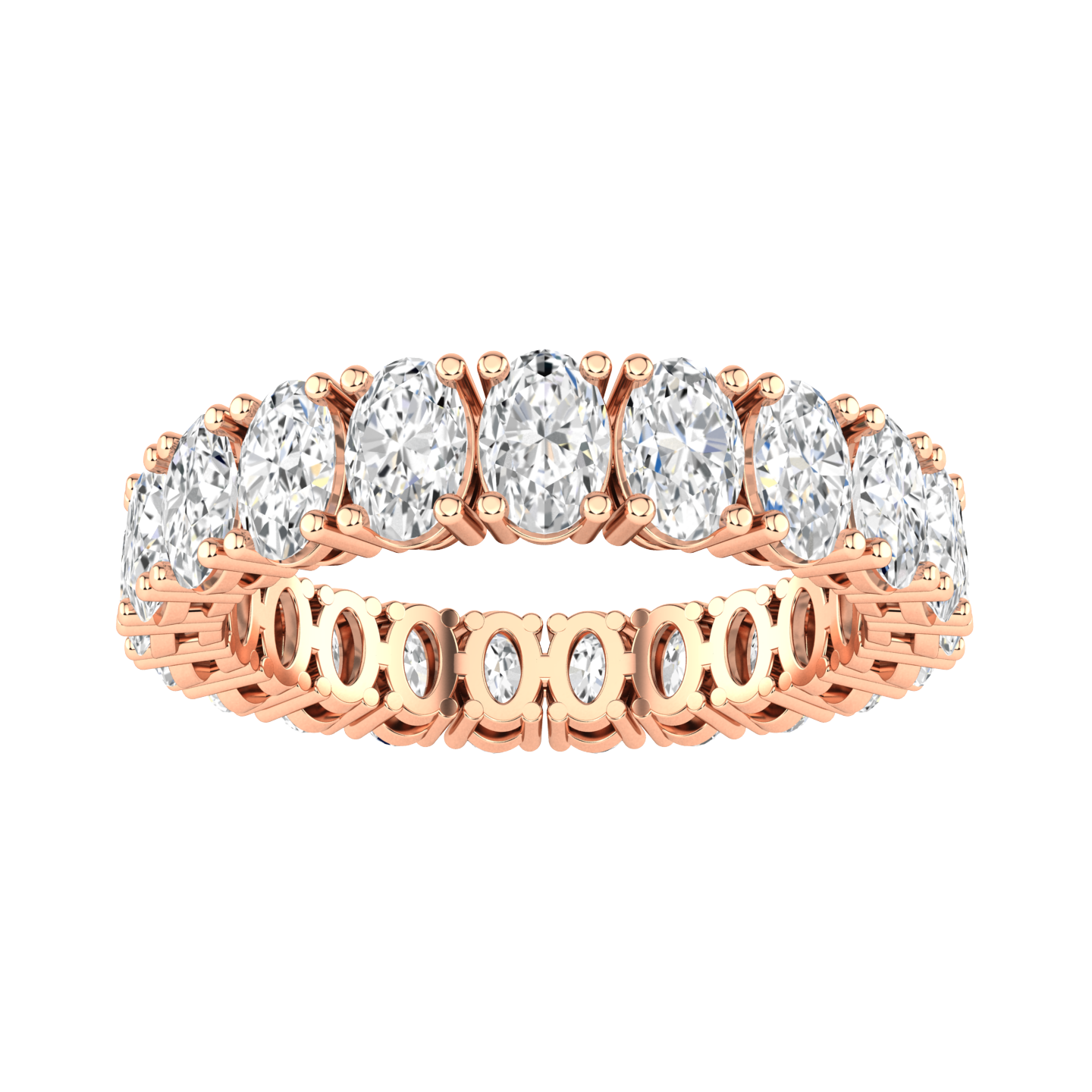 Front view of a rose gold full set eternity ring with oval cut lab grown diamonds set vertically