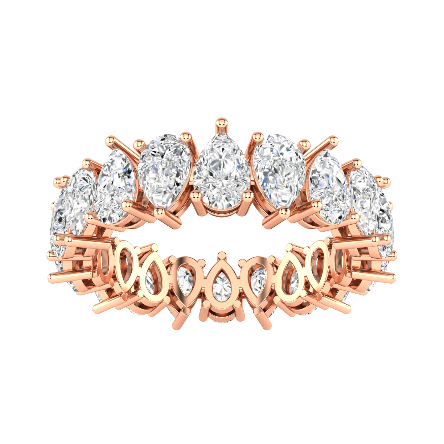 Front view of a rose gold full set eternity ring with pear cut lab grown diamonds