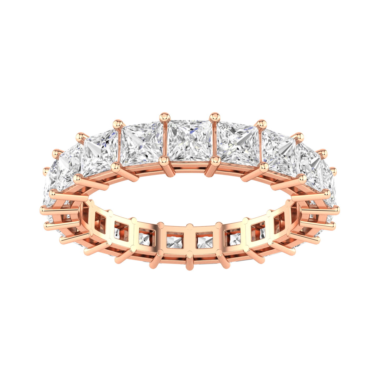 Front view of a rose gold full set eternity ring with princess cut lab grown diamonds