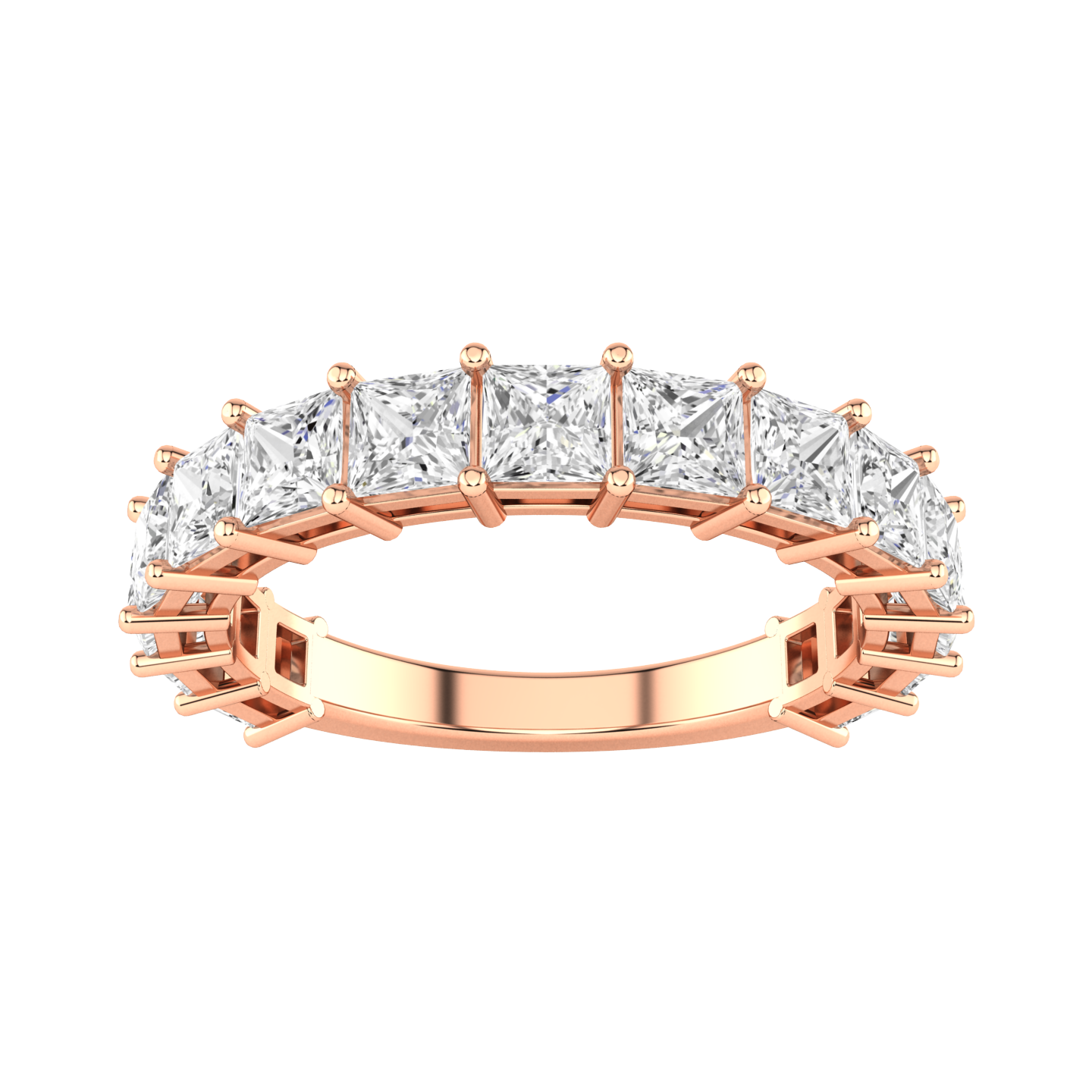 Front view of a rose gold half set eternity ring with princess cut lab grown diamonds