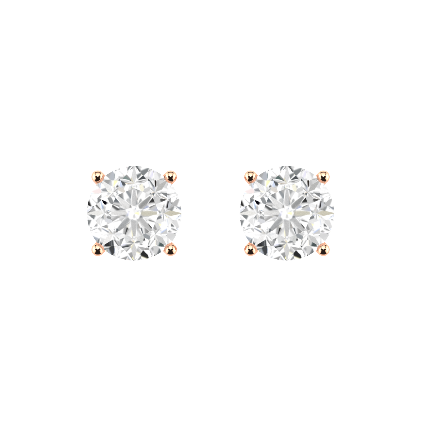 Front profile of a pair of rose gold solitaire stud earrings with round brilliant diamonds in a 4 claw prong basket setting