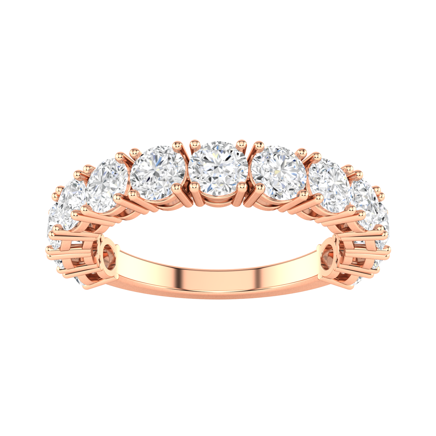 Front view of a rose gold half set eternity ring with round brilliant cut lab grown diamonds