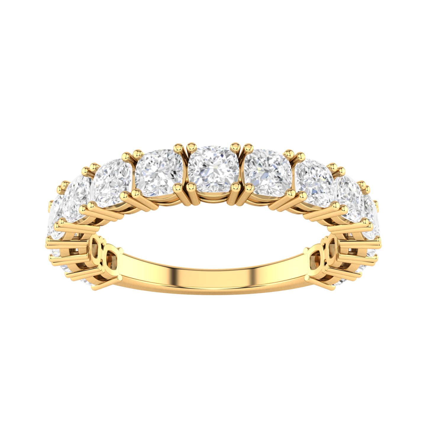 Front view of a yellow gold half set eternity ring with cushion cut lab grown diamonds