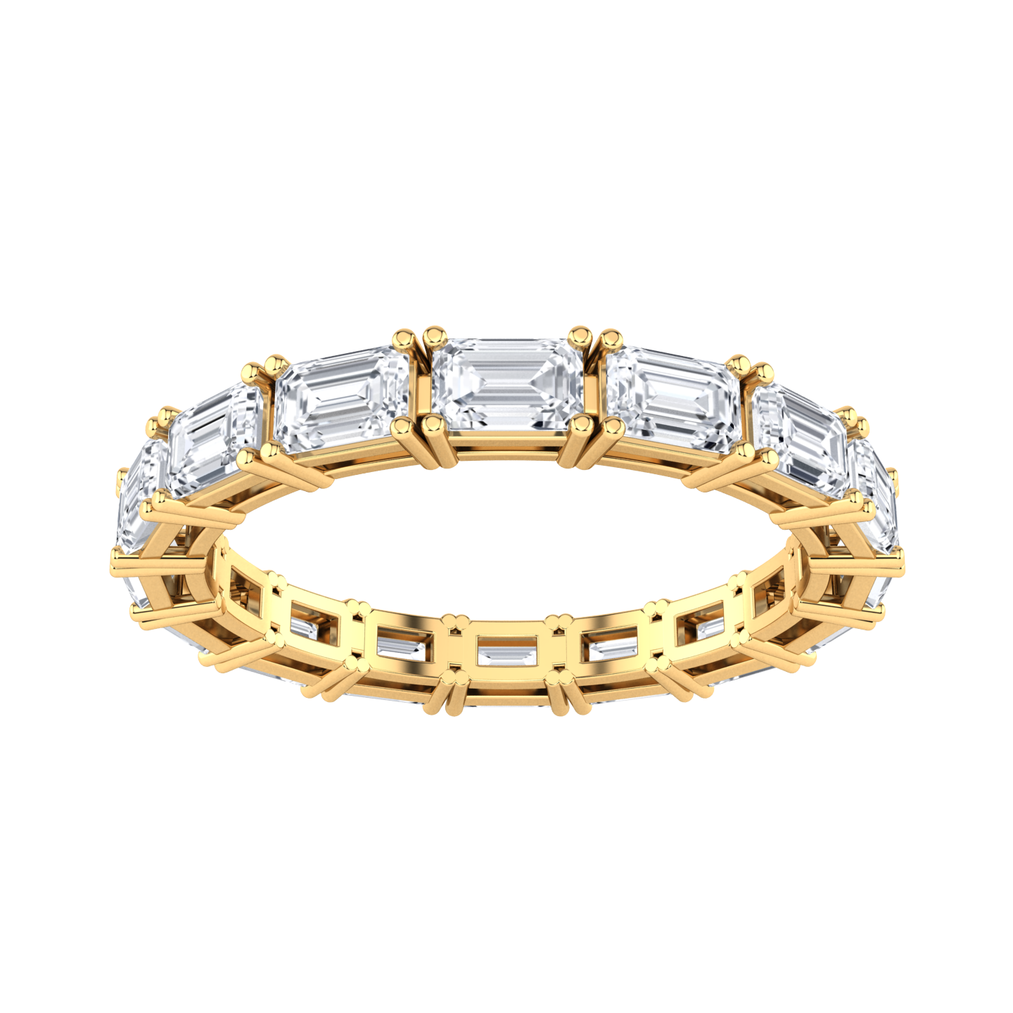 Front view of a yellow gold full set eternity ring with emerald cut lab grown diamonds set horizontally