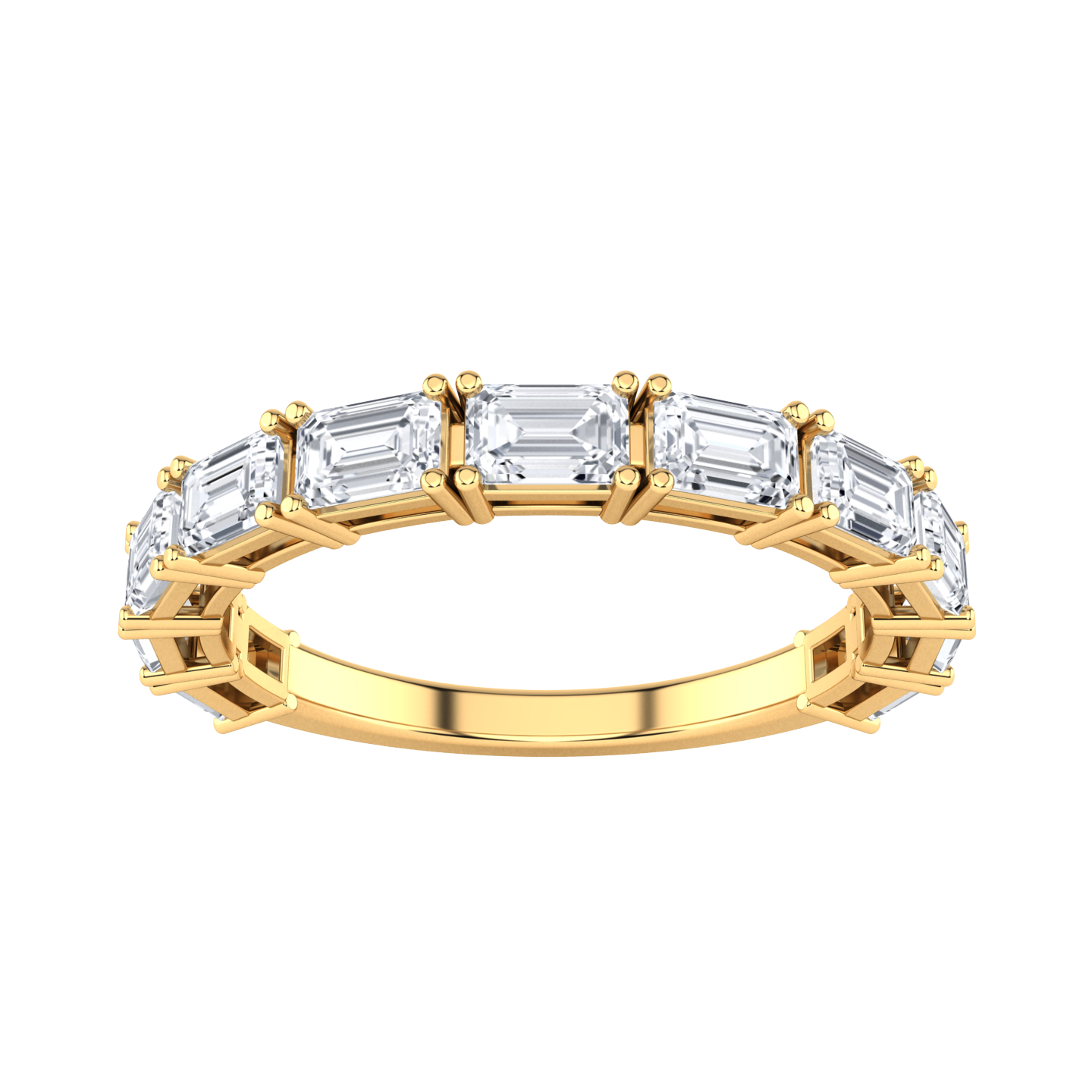 Front view of a yellow gold half set eternity ring with emerald cut lab grown diamonds set horizontally
