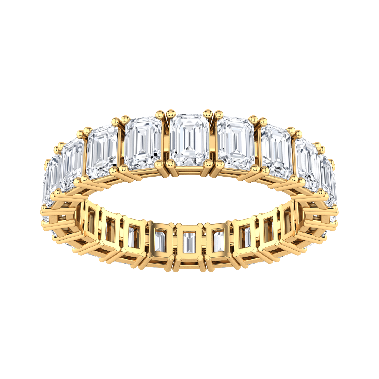 Front view of a yellow gold full set eternity ring with emerald cut lab grown diamonds set vertically