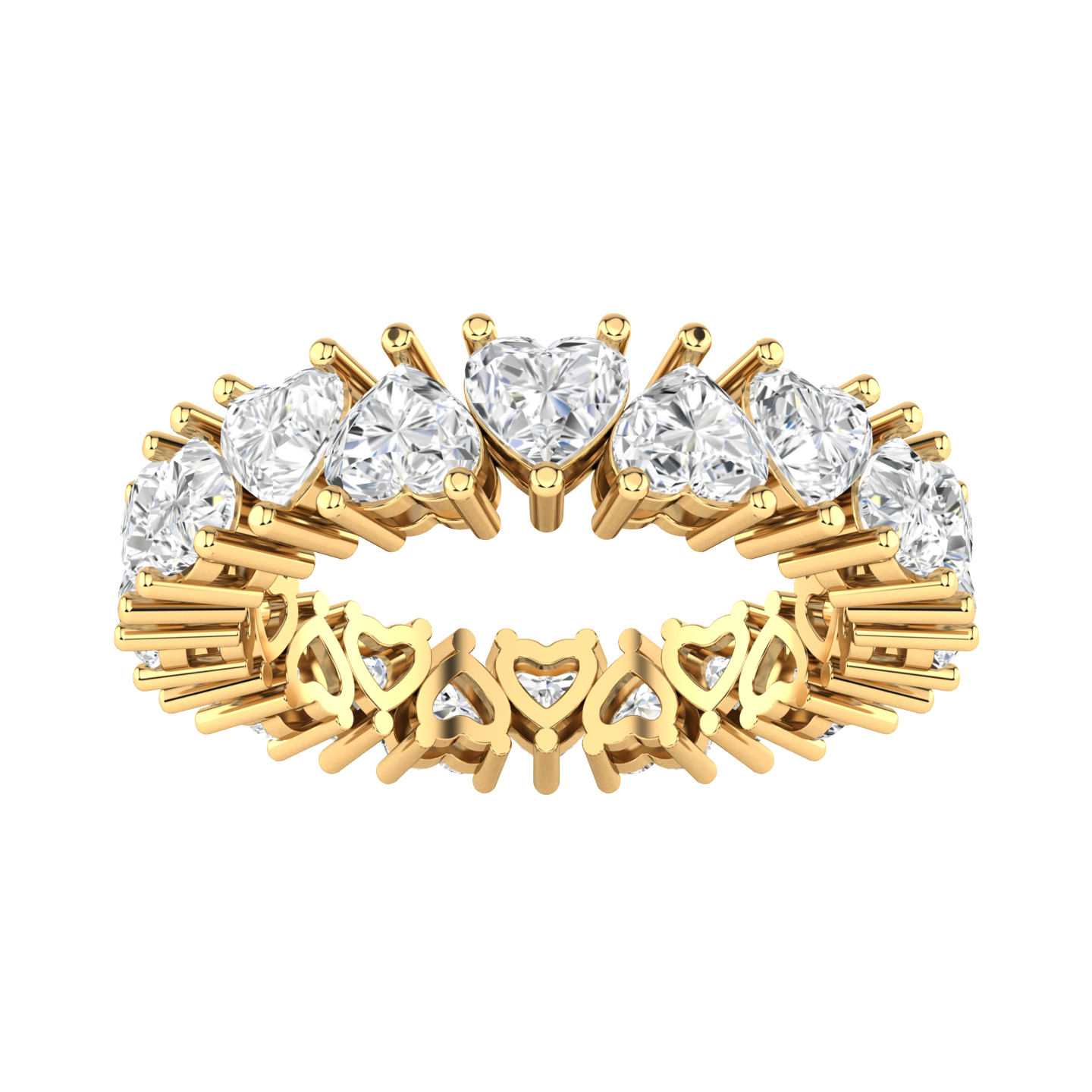 Front view of a yellow gold full set eternity ring with heart cut lab grown diamonds
