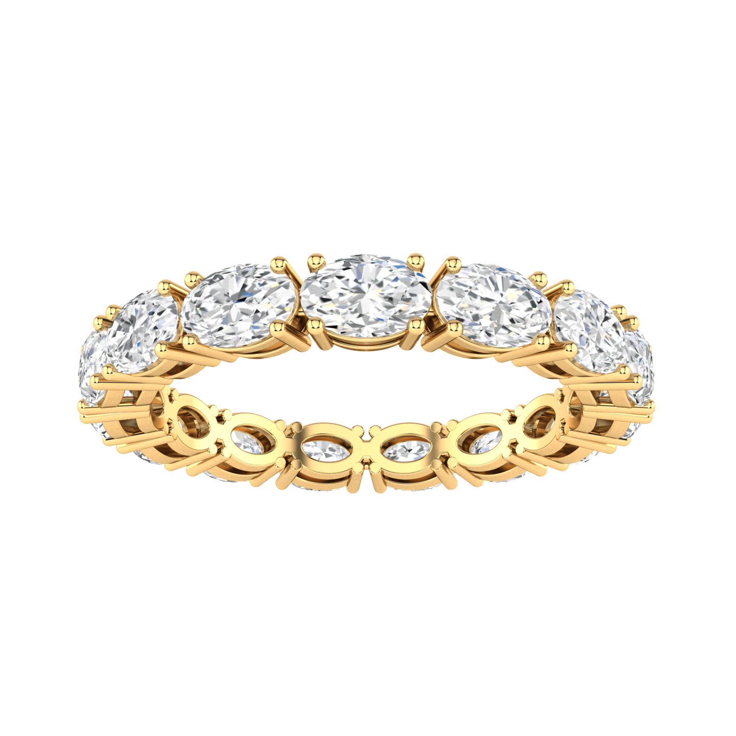 Front view of a yellow gold full set eternity ring with oval cut lab grown diamonds set horizontally