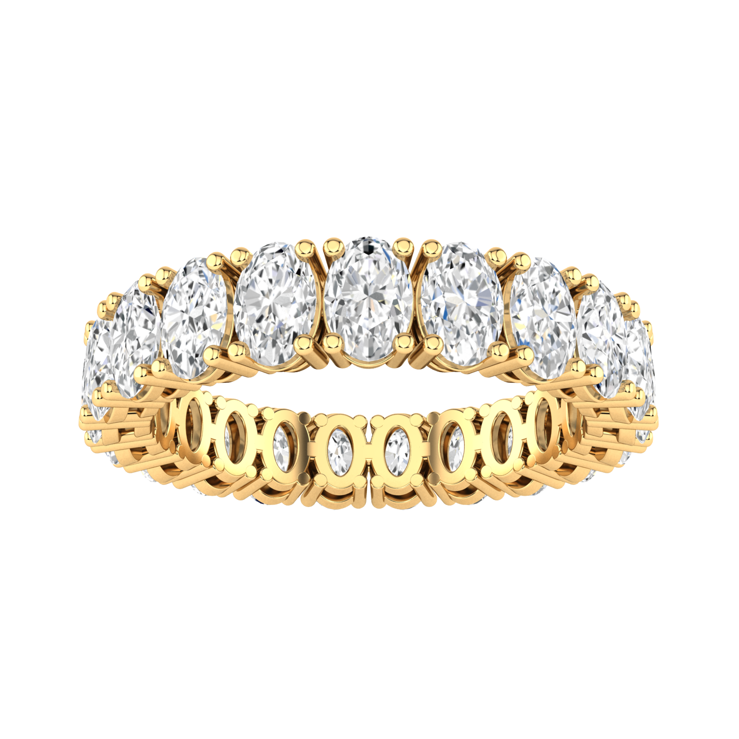 Front view of a yellow gold full set eternity ring with oval cut lab grown diamonds set vertically