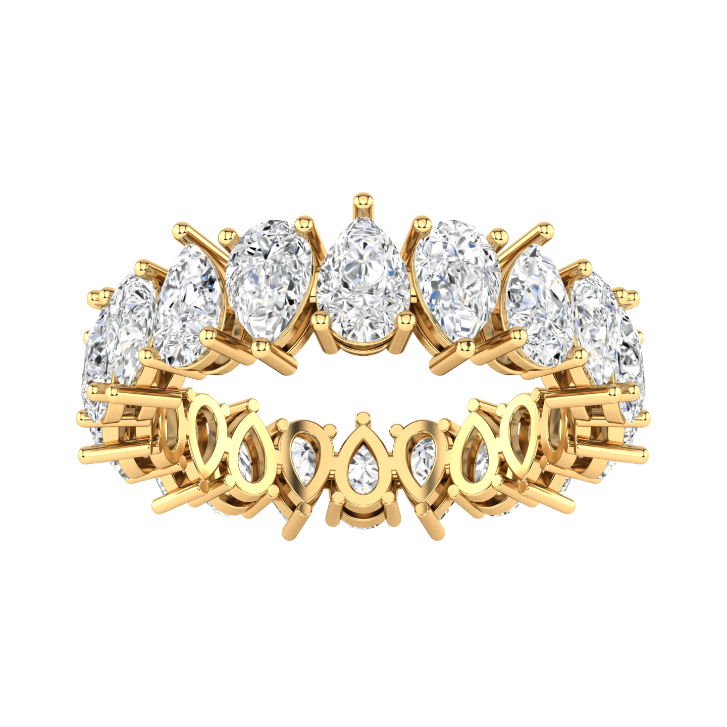 Front view of a yellow gold full set eternity ring with pear cut lab grown diamonds