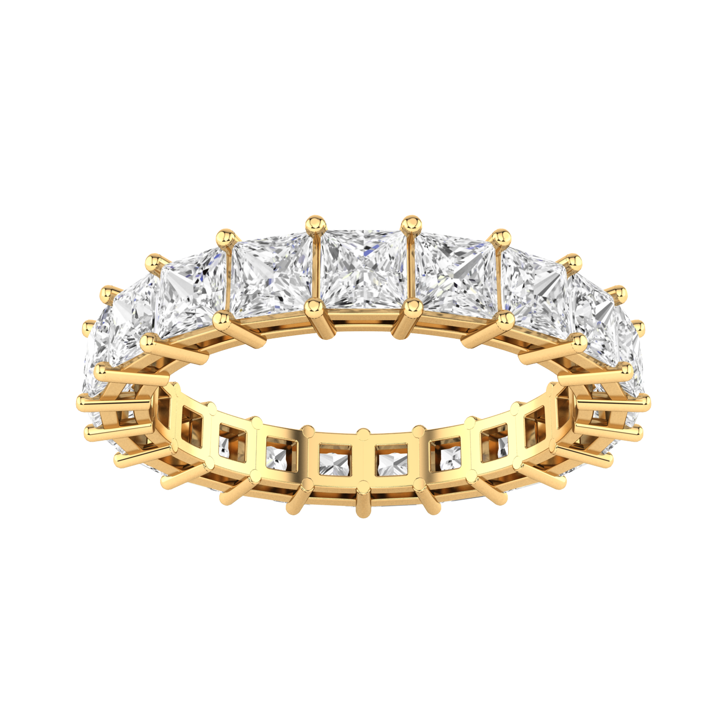 Front view of a yellow gold full set eternity ring with princess cut lab grown diamonds