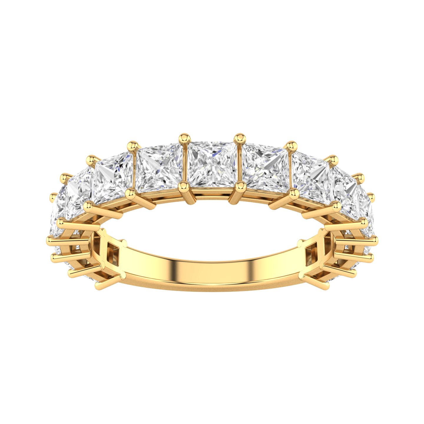 Front view of a yellow gold half set eternity ring with princess cut lab grown diamonds