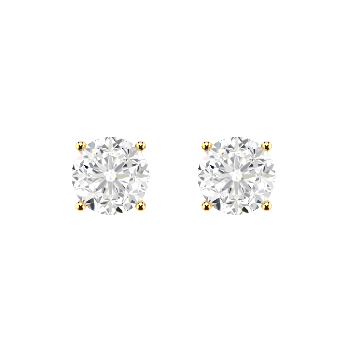 Front profile of a pair of yellow gold solitaire stud earrings with round brilliant diamonds in a 4 claw prong basket setting