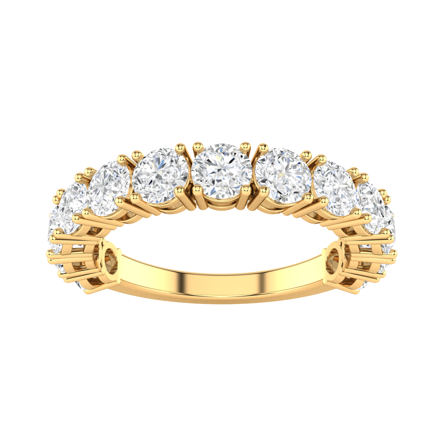 Front view of a yellow gold half set eternity ring with round brilliant cut lab grown diamonds