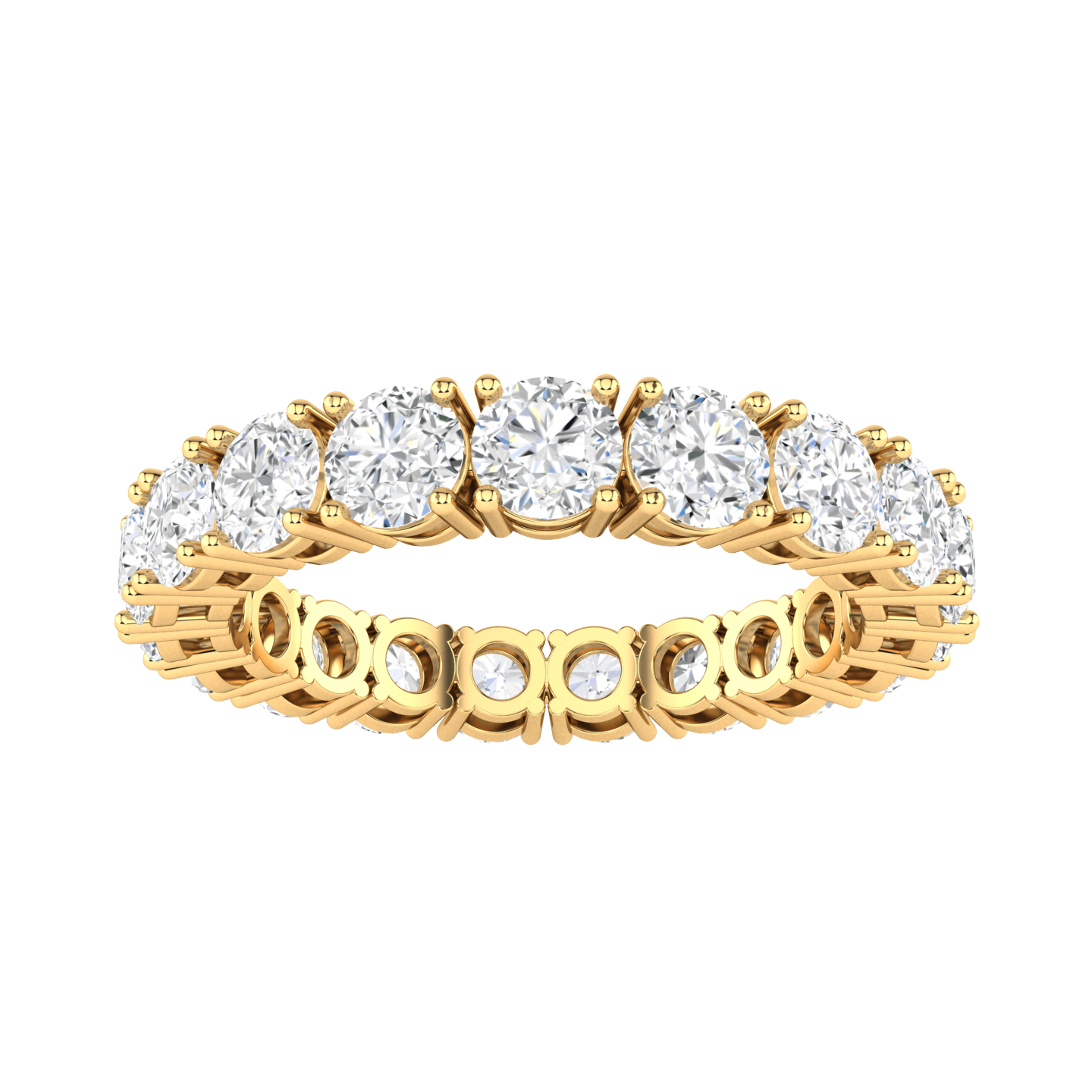 Front view of a yellow gold full set eternity ring with round brilliant cut lab grown diamonds
