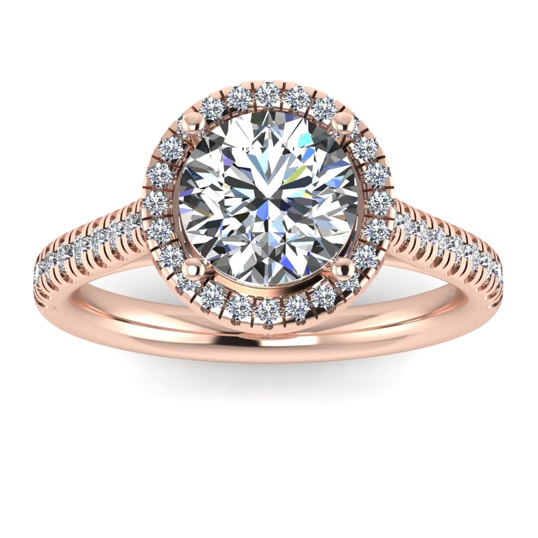 Front view of Holly rose gold lab grown diamond engagement ring with halo and side shoulder diamonds
