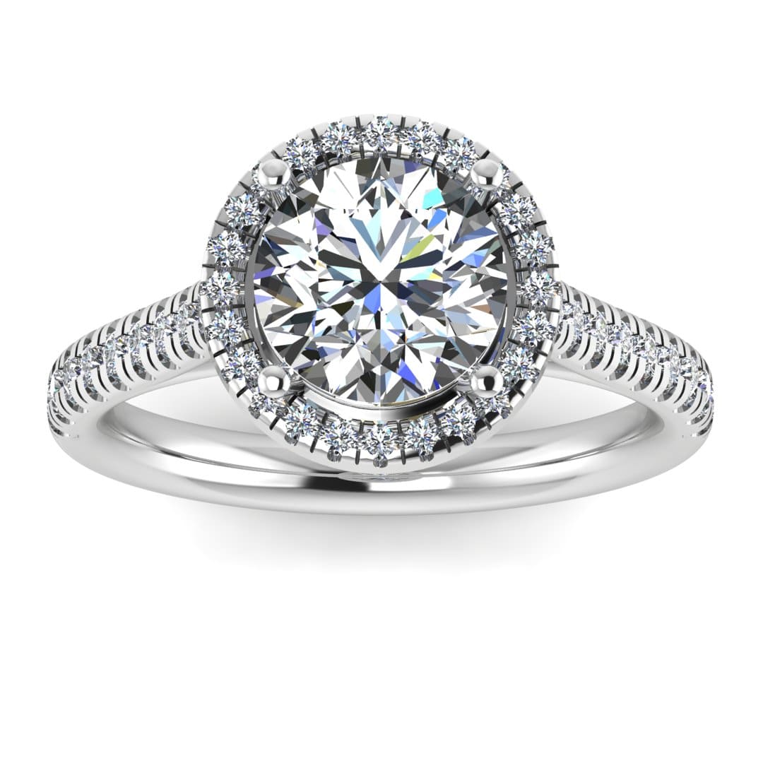 Front view of Holly white gold and platinum lab grown diamond engagement ring with halo and side shoulder diamonds
