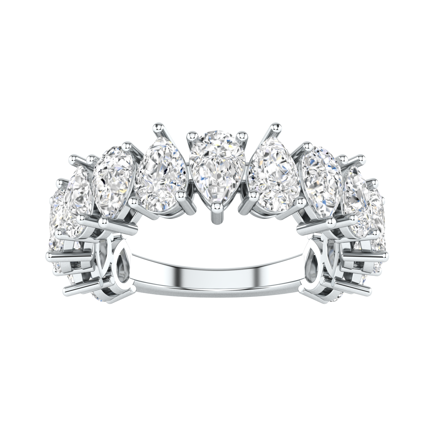 Front view of a white gold platinum lab grown diamond half set eternity ring using pear shaped diamonds