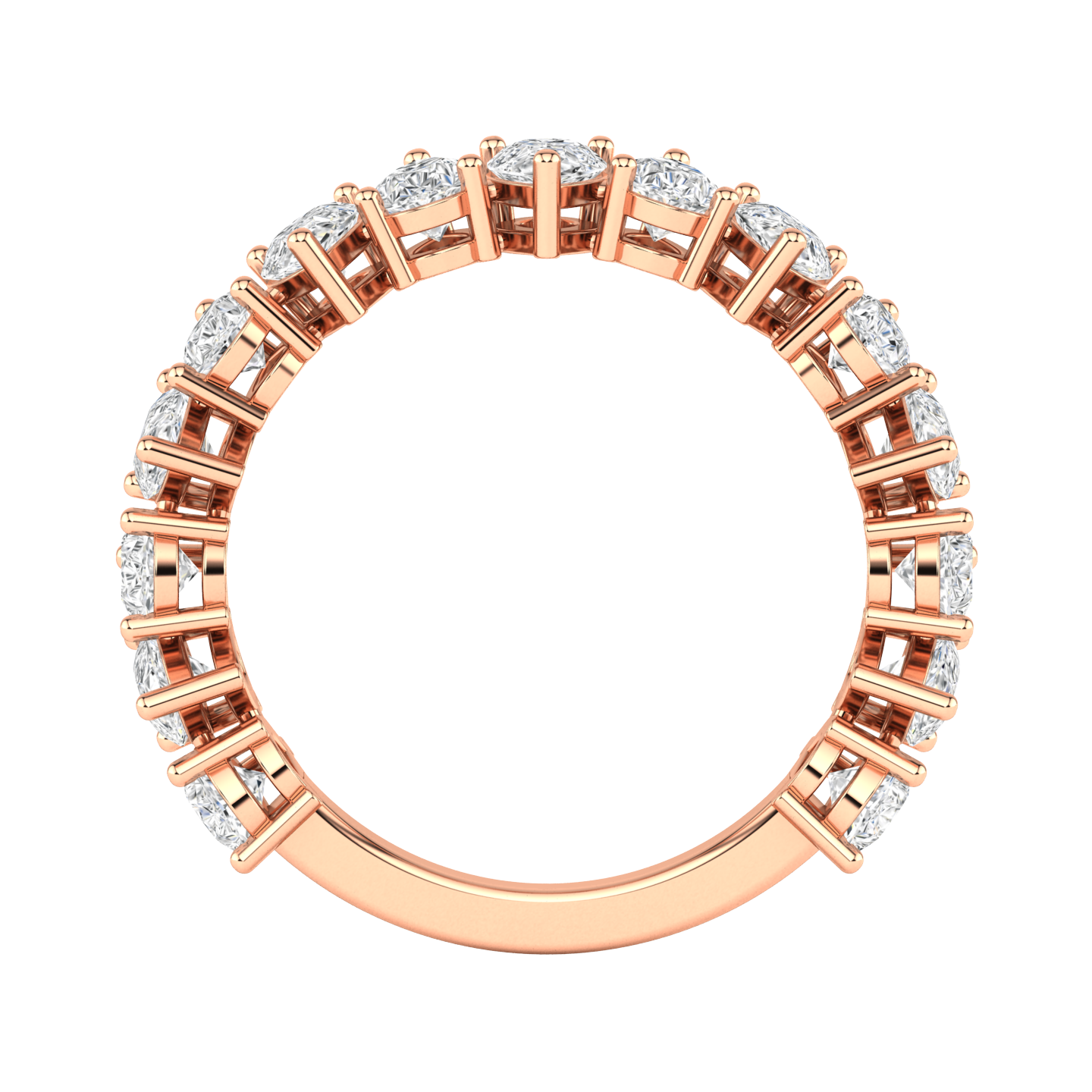 Flat view of a rose gold half set eternity ring with pear shaped lab grown diamonds