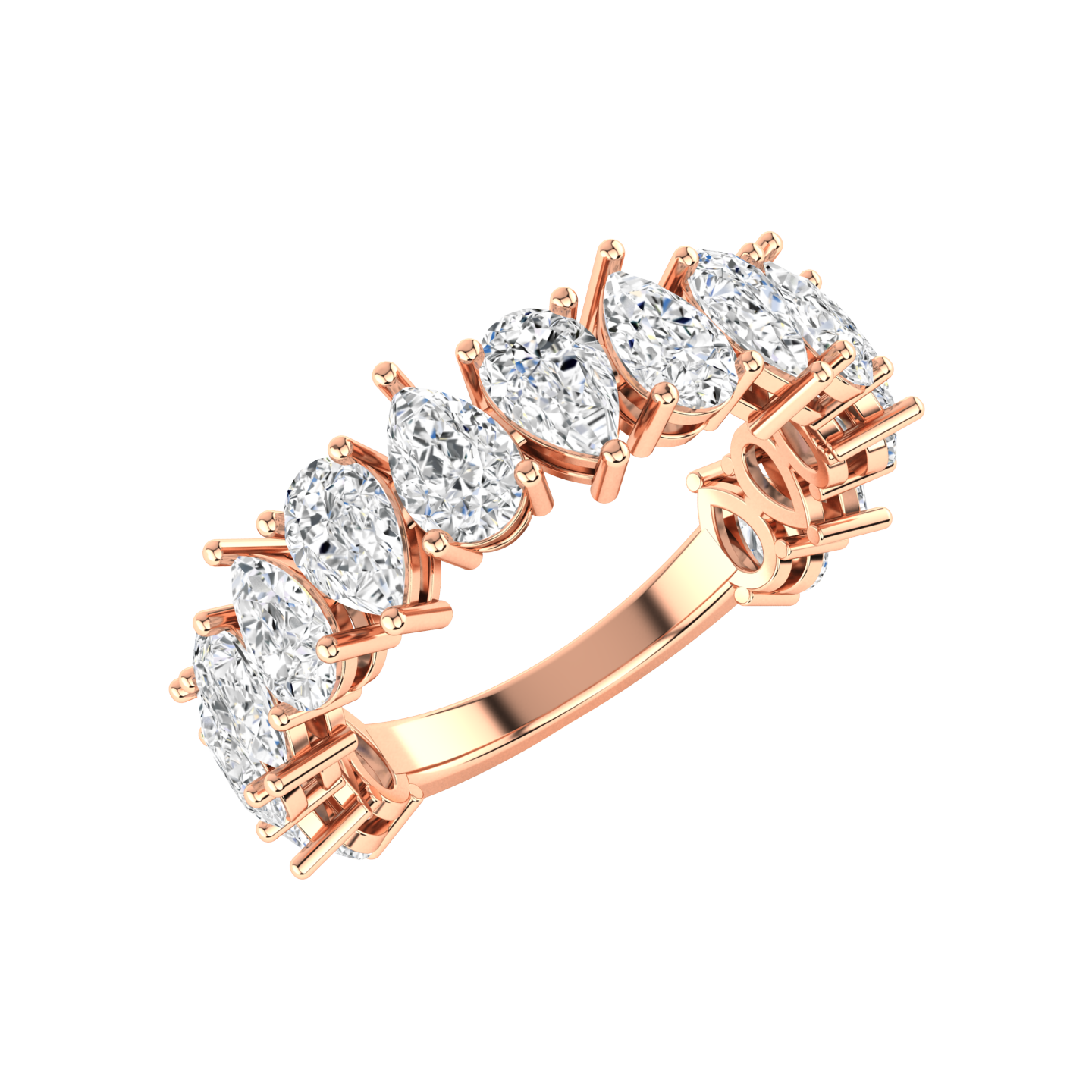 Angled profile of a rose gold pear cut lab grown diamond half set eternity ring