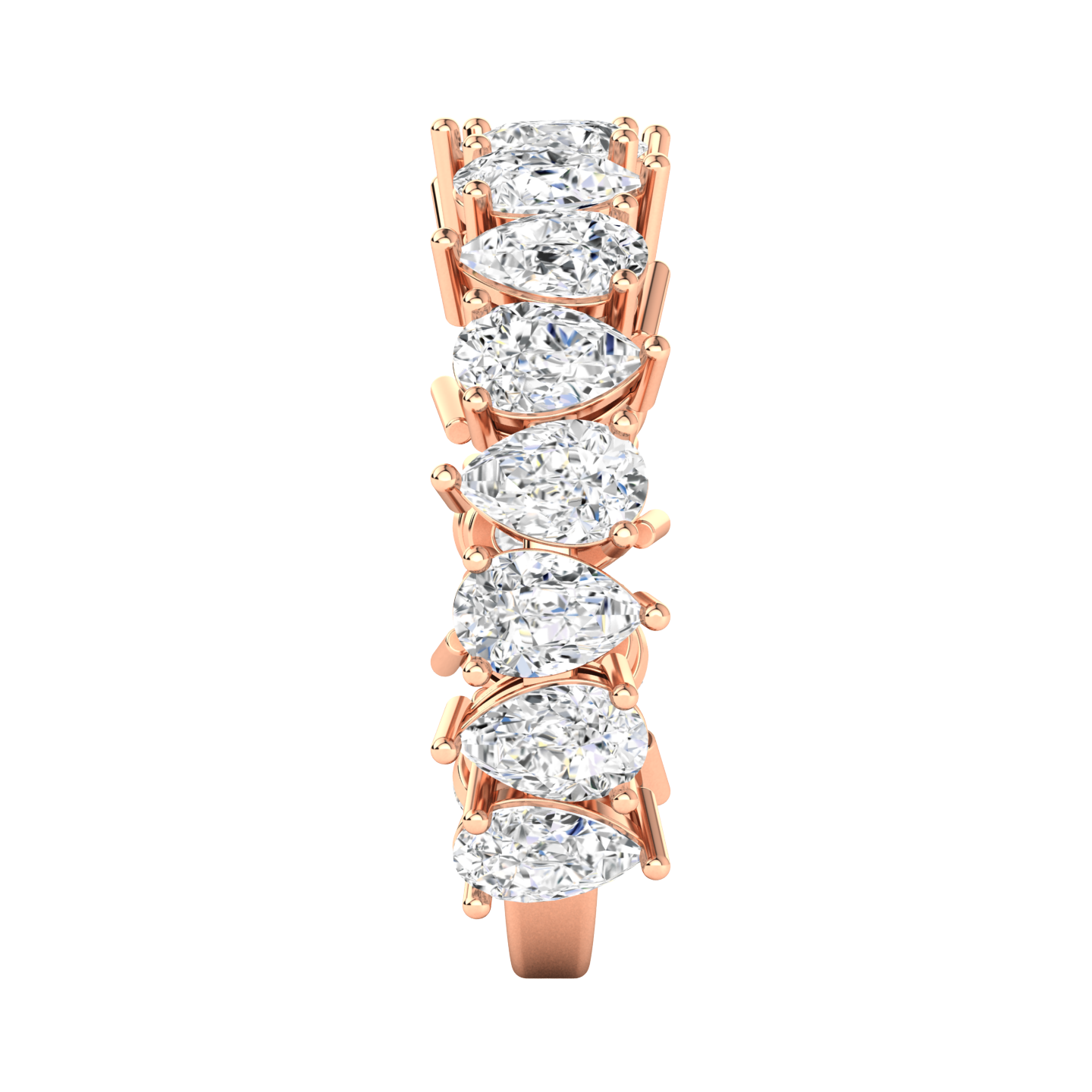 Side view of a rose gold half set eternity ring using pear shaped lab grown diamonds