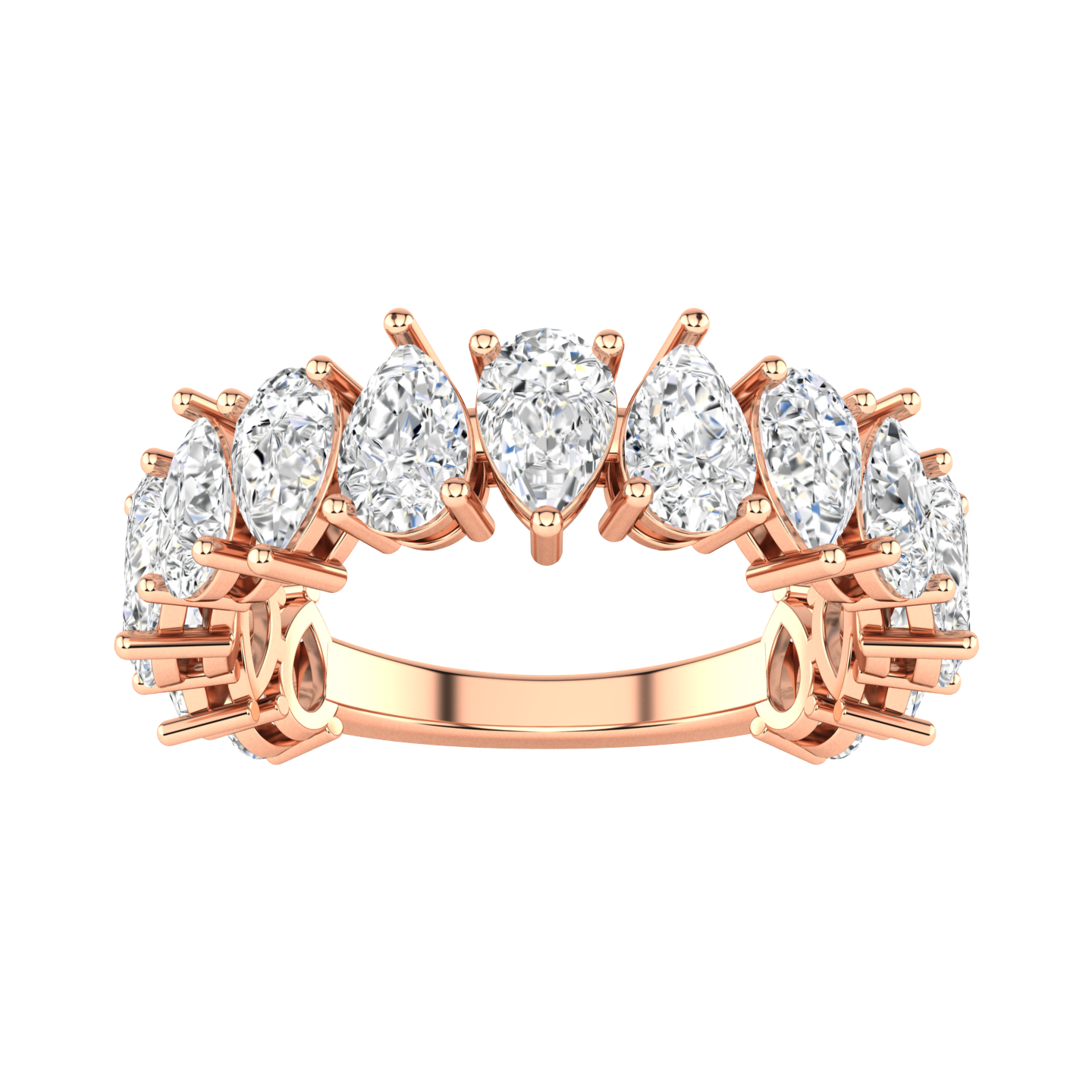 Front view of a rose gold pear shaped lab grown diamond in a half set eternity band