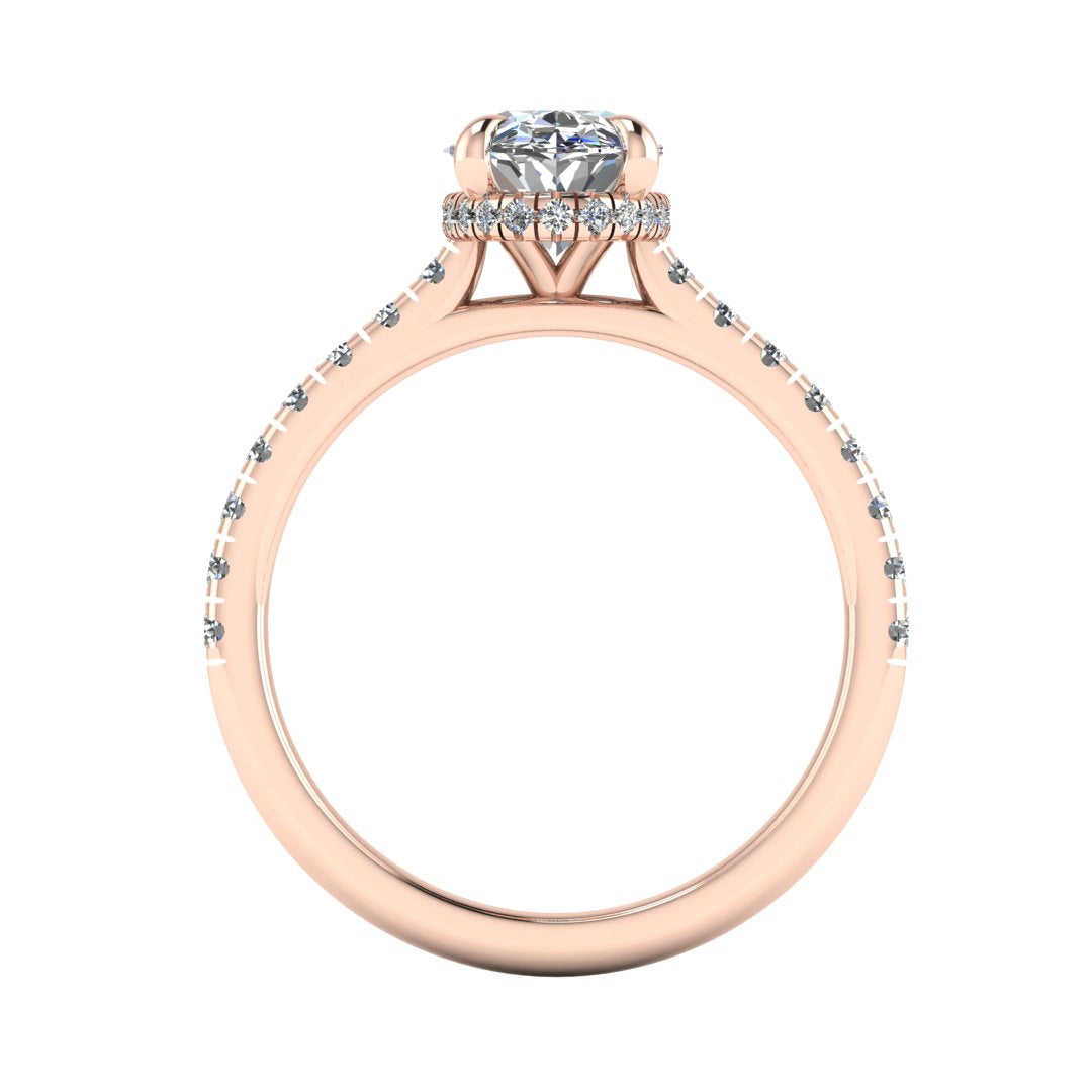 Flat view of rose gold oval cut lab grown diamond engagement ring with secret hidden halo and diamond band