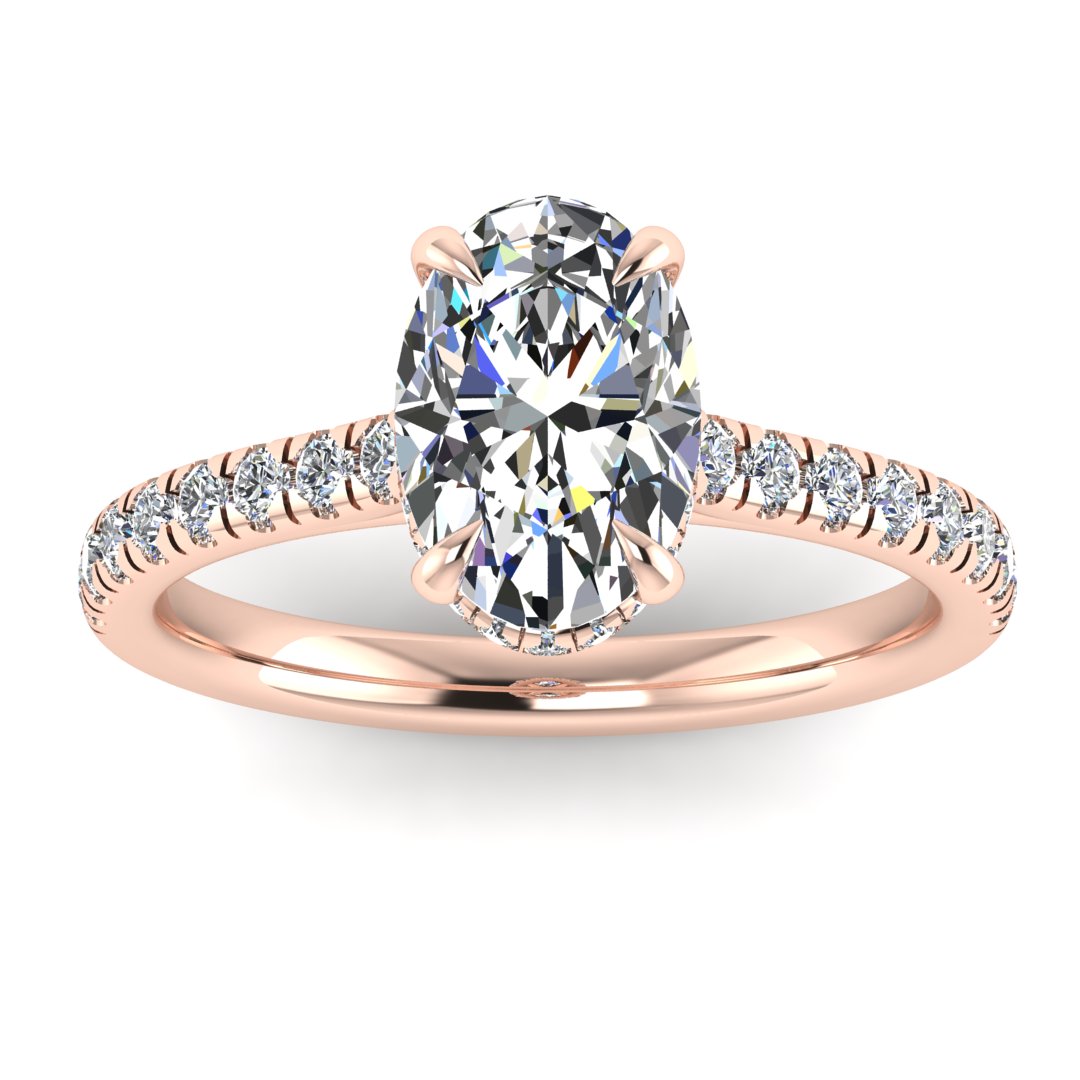 Front view of rose gold oval cut lab grown diamond engagement ring with secret hidden halo and diamond band