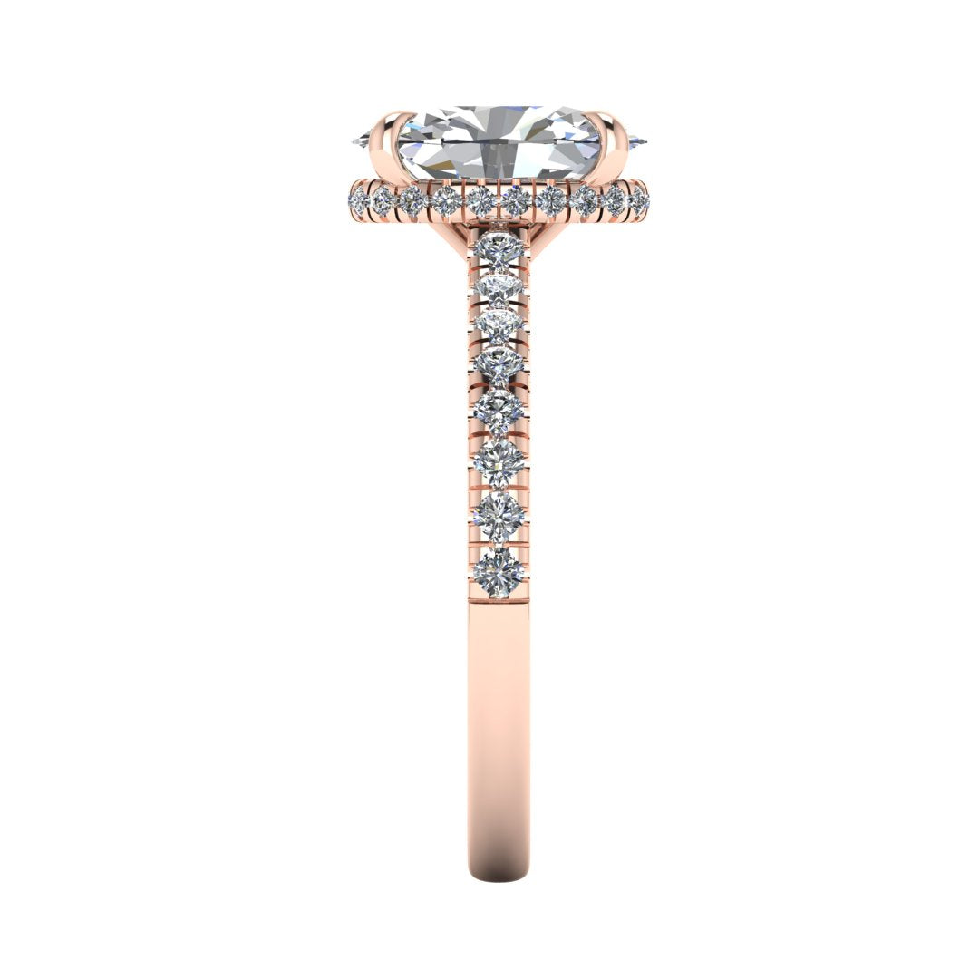 side view of rose gold oval cut lab grown diamond engagement ring with secret hidden halo and diamond band