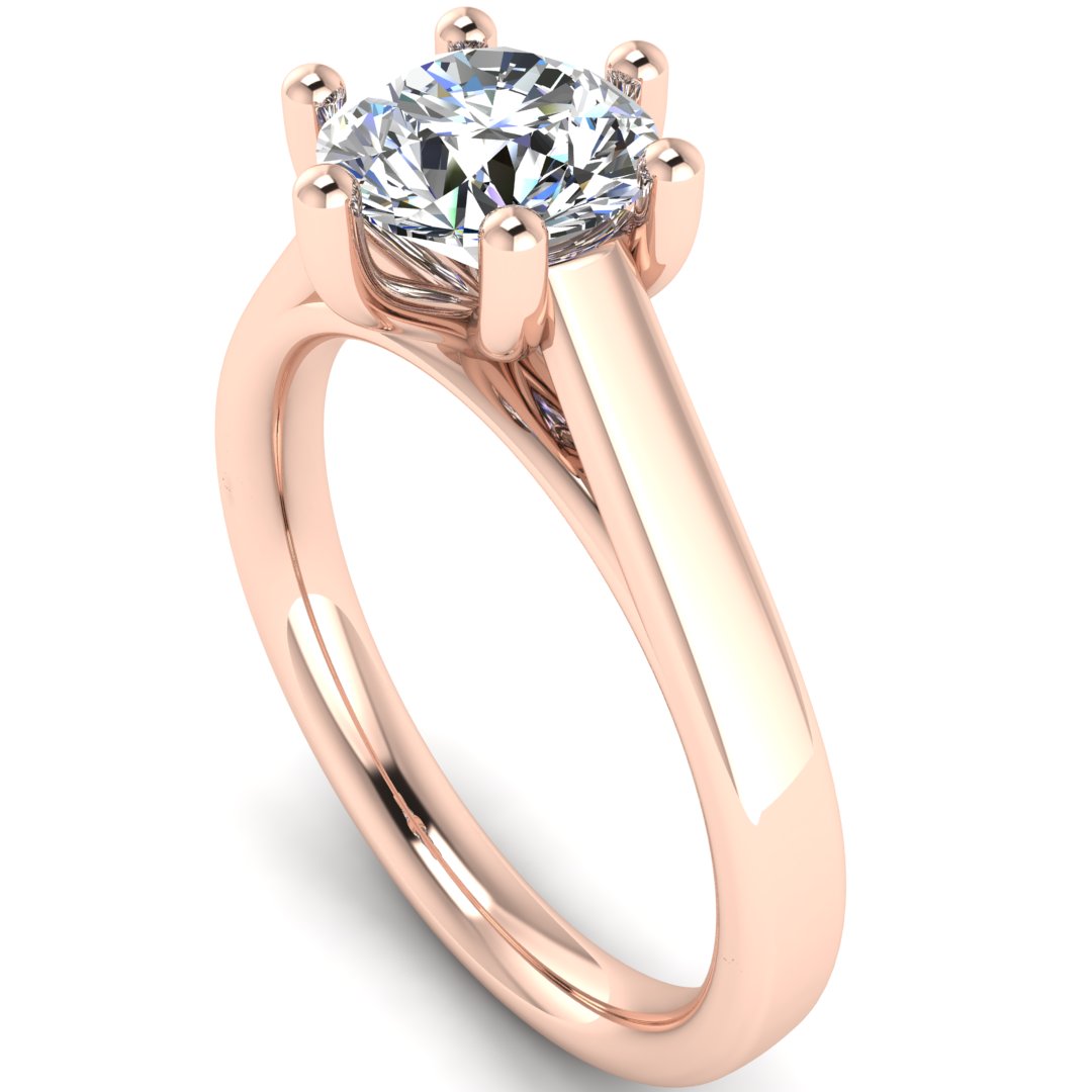 Angled view of Chelsea lab grown round brilliant engagement 6 claw ring in cathedral setting in rose gold