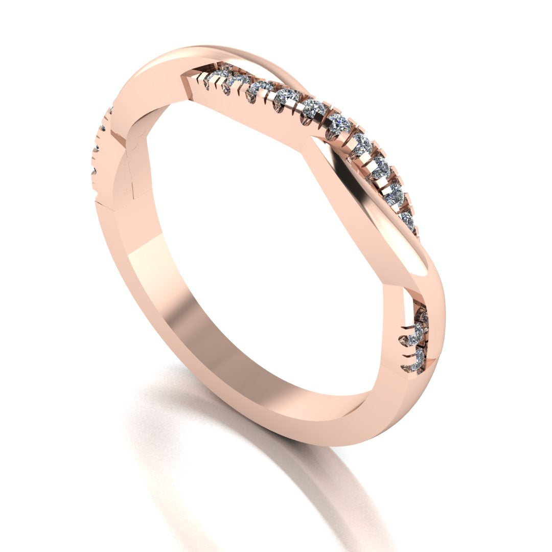 Angled view of a rose gold double jointed twisted wedding band with set lab grown diamonds