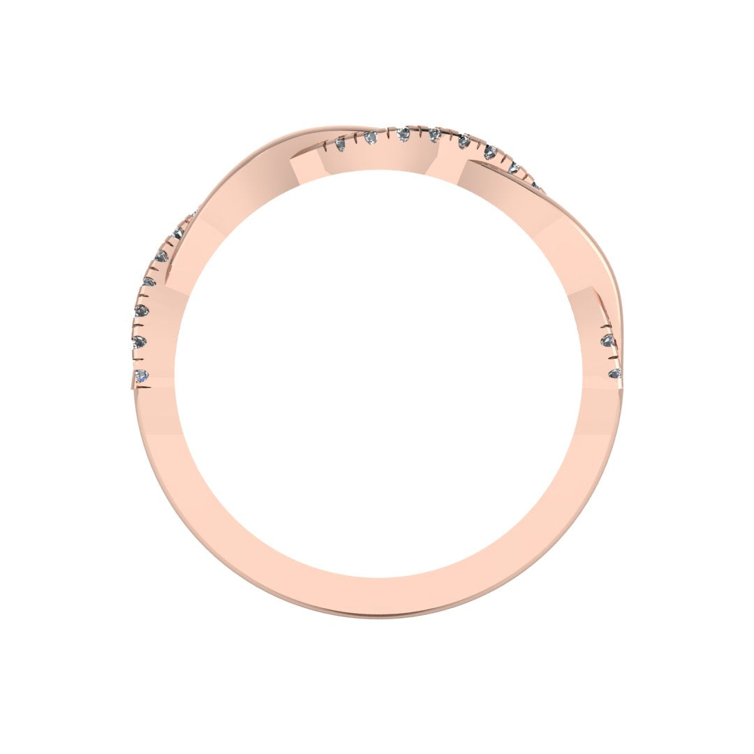 Flat view of a rose gold double jointed twisted wedding band with set lab grown diamonds