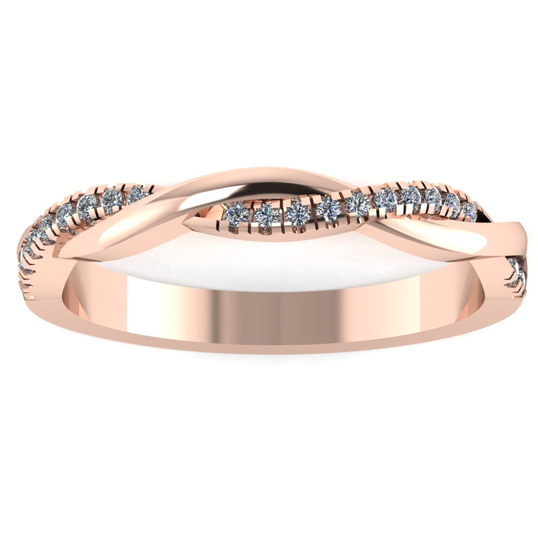Front view of a rose gold double jointed twisted wedding band with set lab grown diamonds